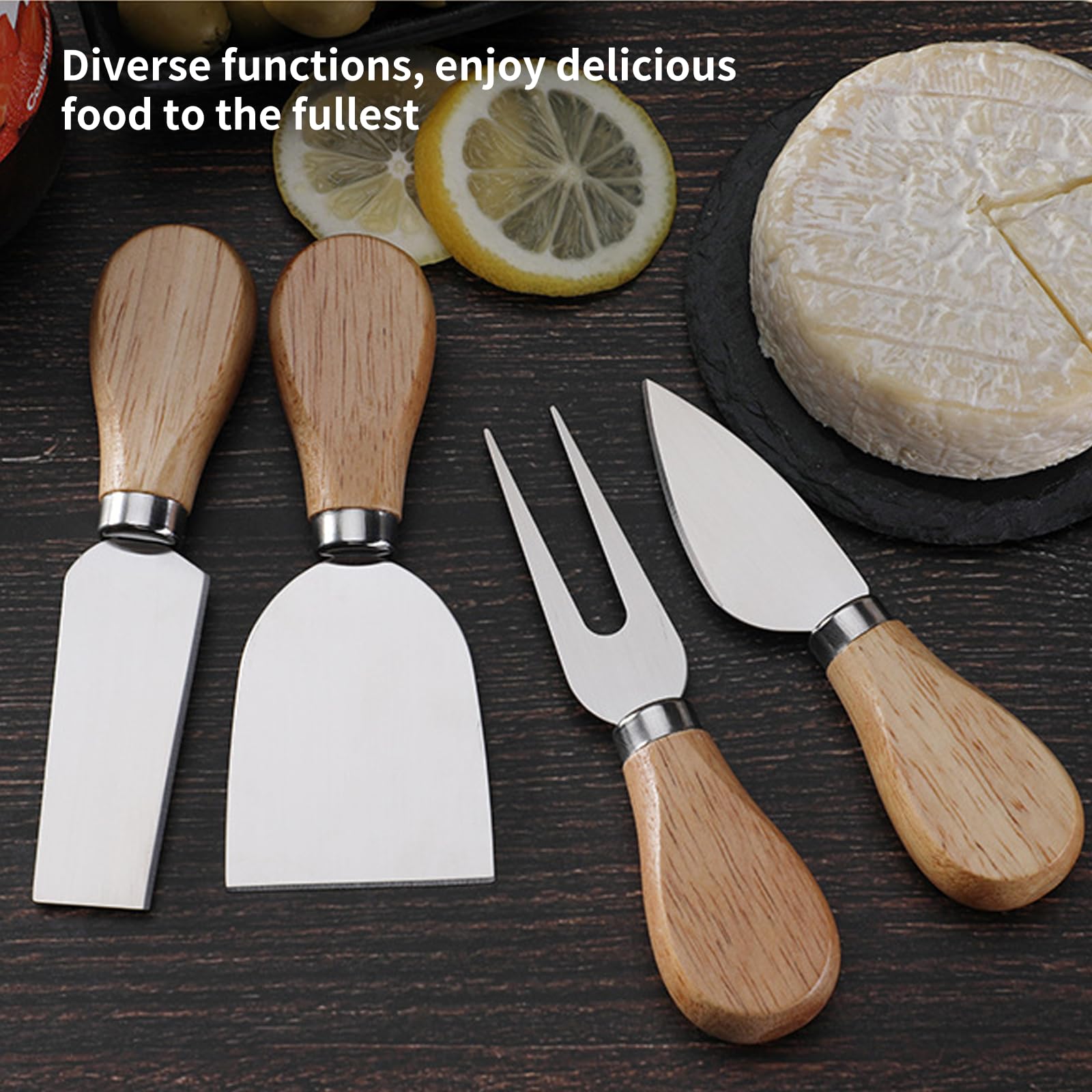 Premium 4-Piece Cheese Knives Set - Stainless Steel Cheese Knife, Fork, Slicer & Butter Knife with Ergonomic Rubberwood Handle - Perfect for Charcuterie Boards, Cheese Platters & Wine Pairing Parties