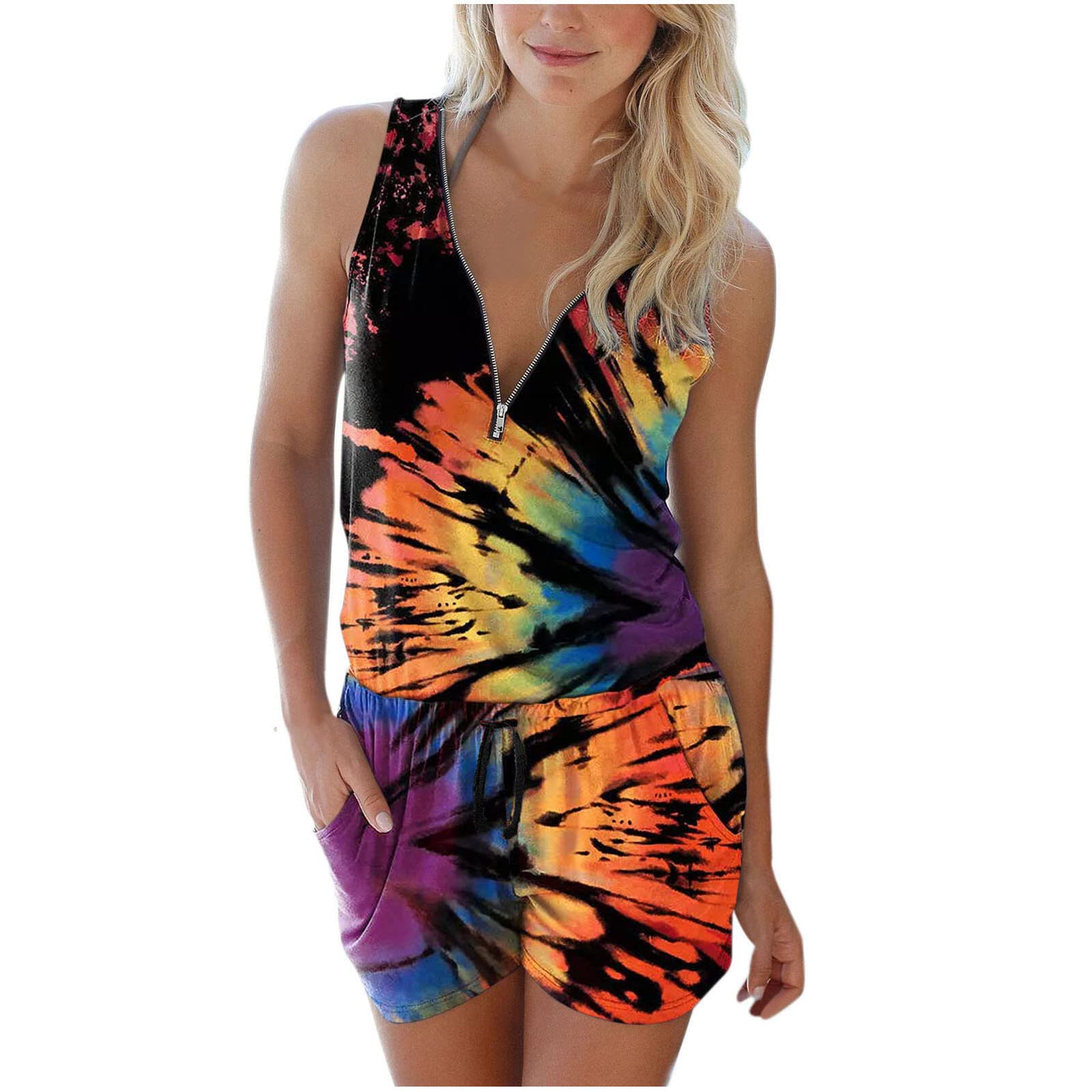 Butterfly Print Sleeveless Jumpsuit for Women - Summer V-Neck Romper with Drawstring Waist & Pocket - Perfect for Beach, Vacation & Casual Outings