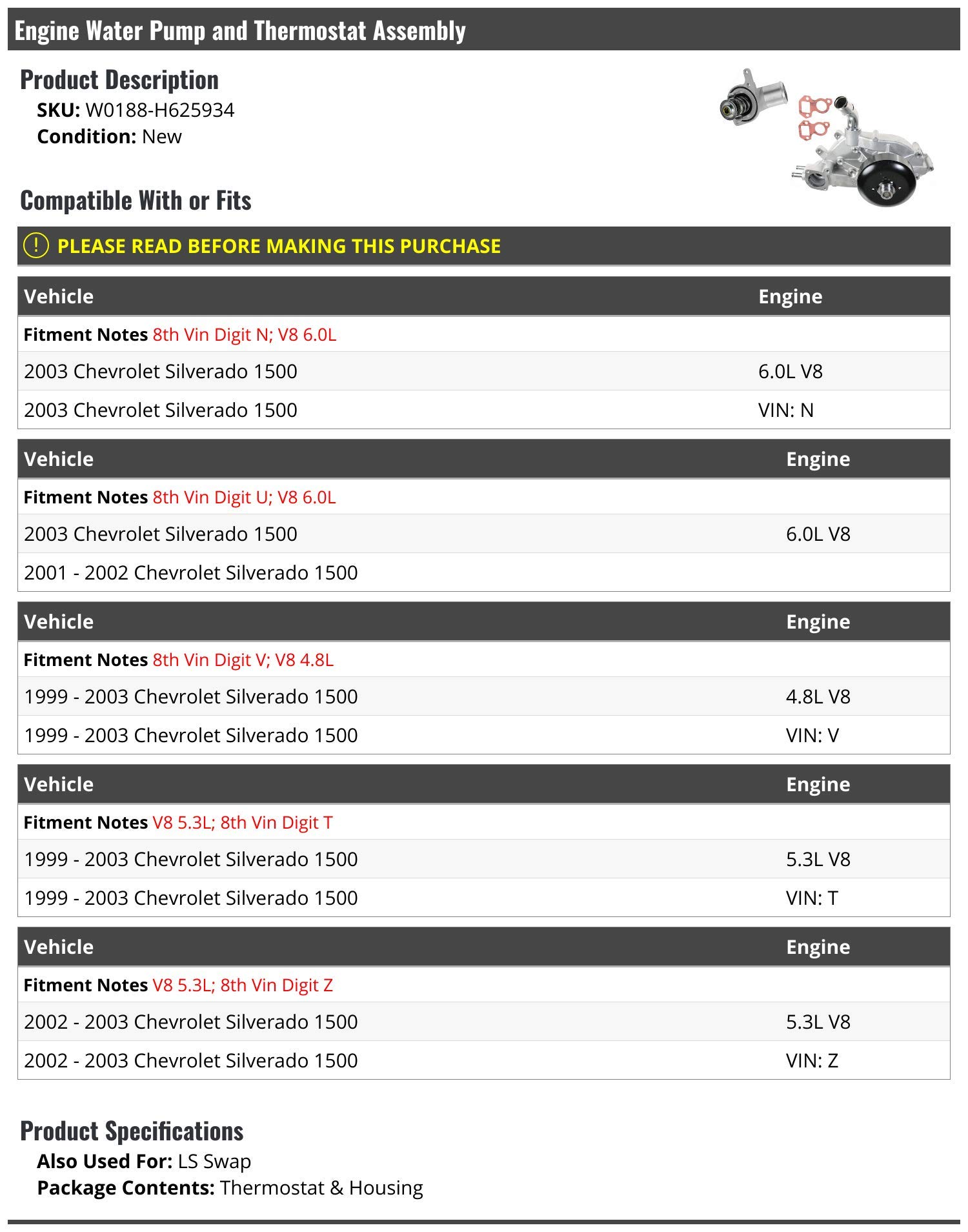 Engine Water Pump and Thermostat Assembly Replacement for 1999-2003 Chevy Silverado 1500 - High Performance Cooling System Parts for Truck Maintenance & Repair