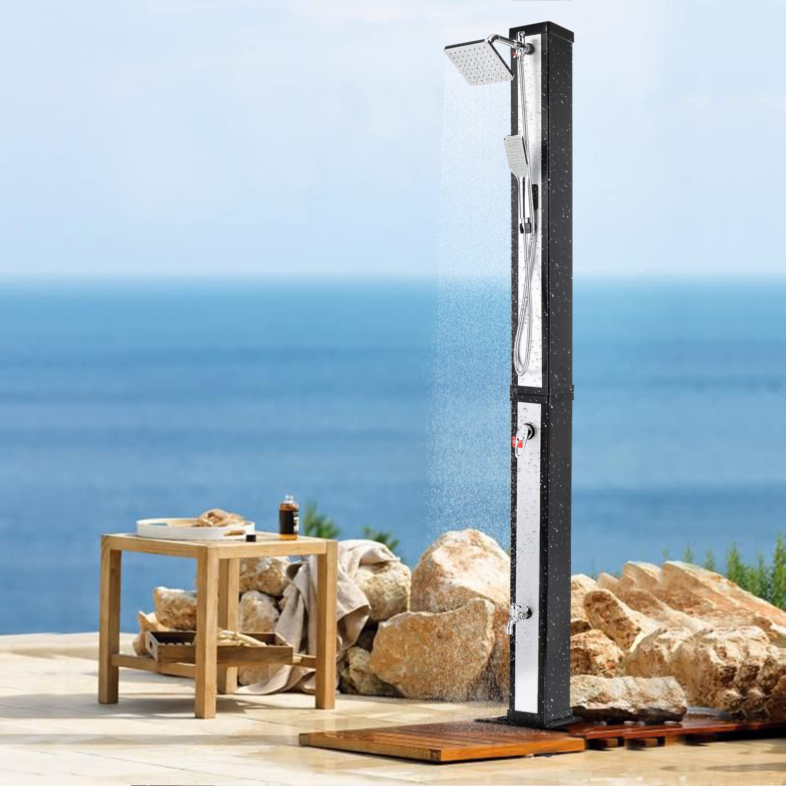 **VINGLI 10.6 Gallon Solar Heated Outdoor Shower with Adjustable Shower Head - Handheld & Foot Tap for Backyard, Poolside, Beach, Camping, RV (Black & Silver Surface)**    **Perfect for:** Outdoor showers, beach trips, camping adventures, RV living, poolside rinsing, and backyard spa relaxation.