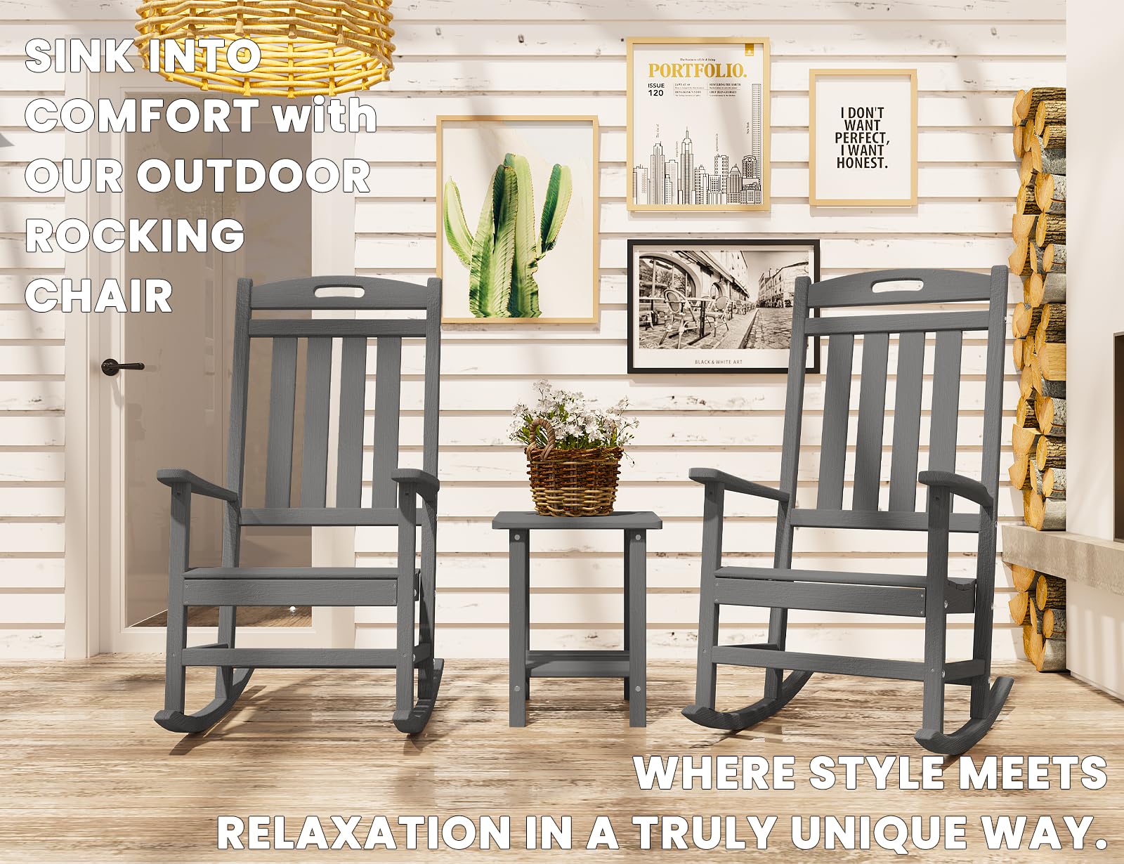 Premium HDPE Outdoor Rocking Chair - All-Weather High Back Patio Rocker for Deck, Porch, Garden & Indoor Use - Comfortable Lawn Chair for Backyard Relaxation (Slate Gray) - Perfect for Reading, Sunbathing & Enjoying Nature