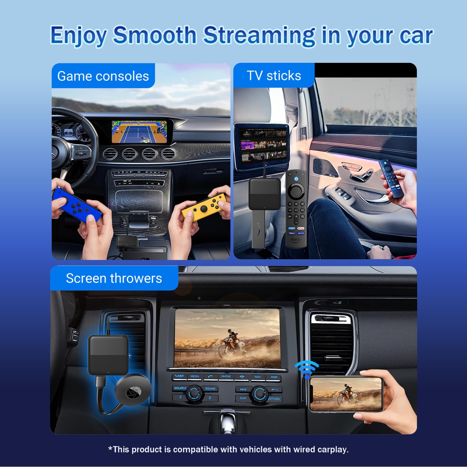 Wireless CarPlay Android Auto Adapter with HDMI Input - Plug & Play Car TV Mate Max for Wired CarPlay Cars | Fire TV Stick Converter | Watch Netflix, YouTube & Movies in Vehicle | Perfect for Road Trips & Commuting