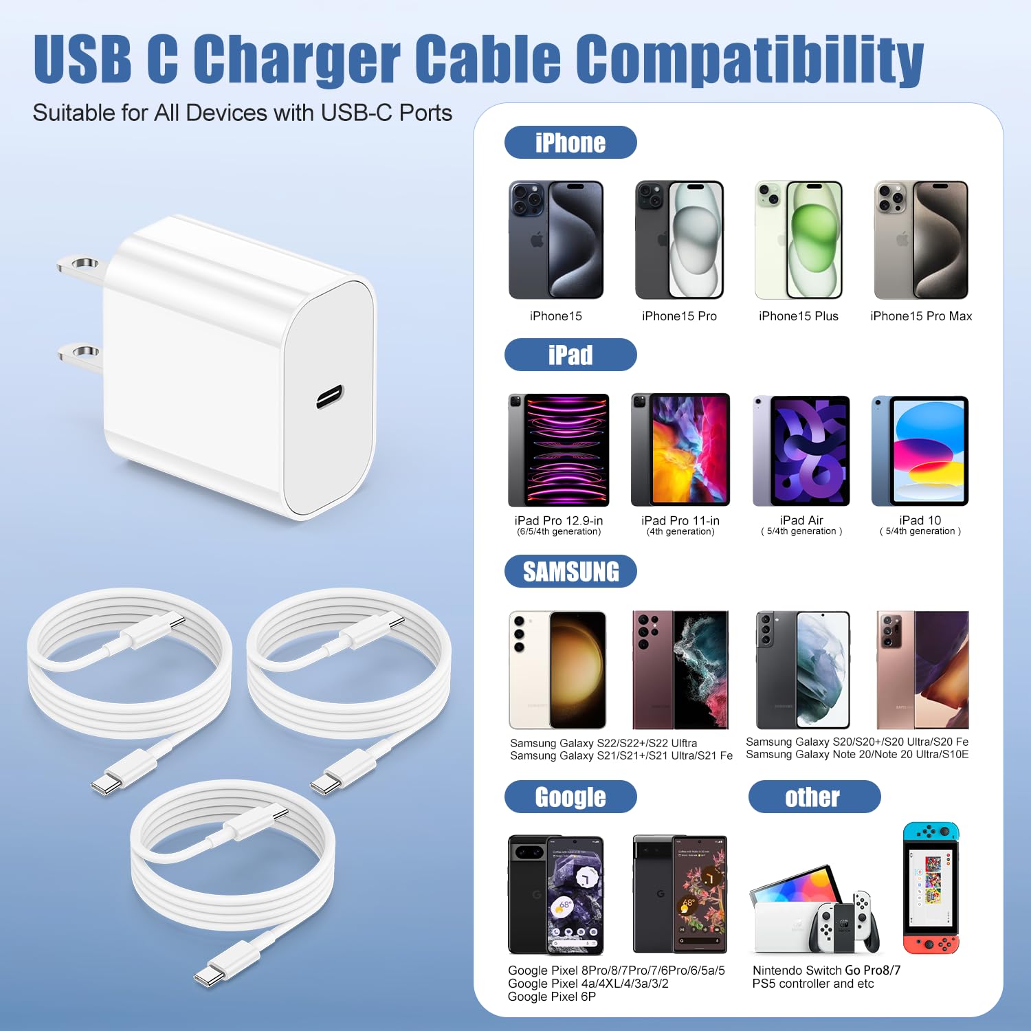 60W USB C to USB C Fast Charger Cable for iPhone 15/15 Pro/15 Plus/15 Pro Max - 3/6/10 Feet Length Options - Compatible with iPad Pro 12.9/11 inch, iPad Air 5th/4th Gen, iPad Mini - Fast Charging for Home, Office & Travel Use