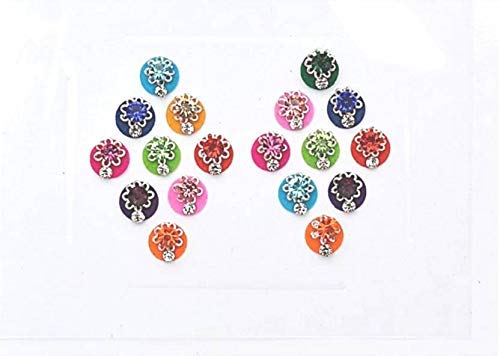 18-Piece Multicolor Designer Stone Bindis for Women & Girls | Gold & Colorful Forehead Decoration | Perfect for Festivals, Weddings & Parties