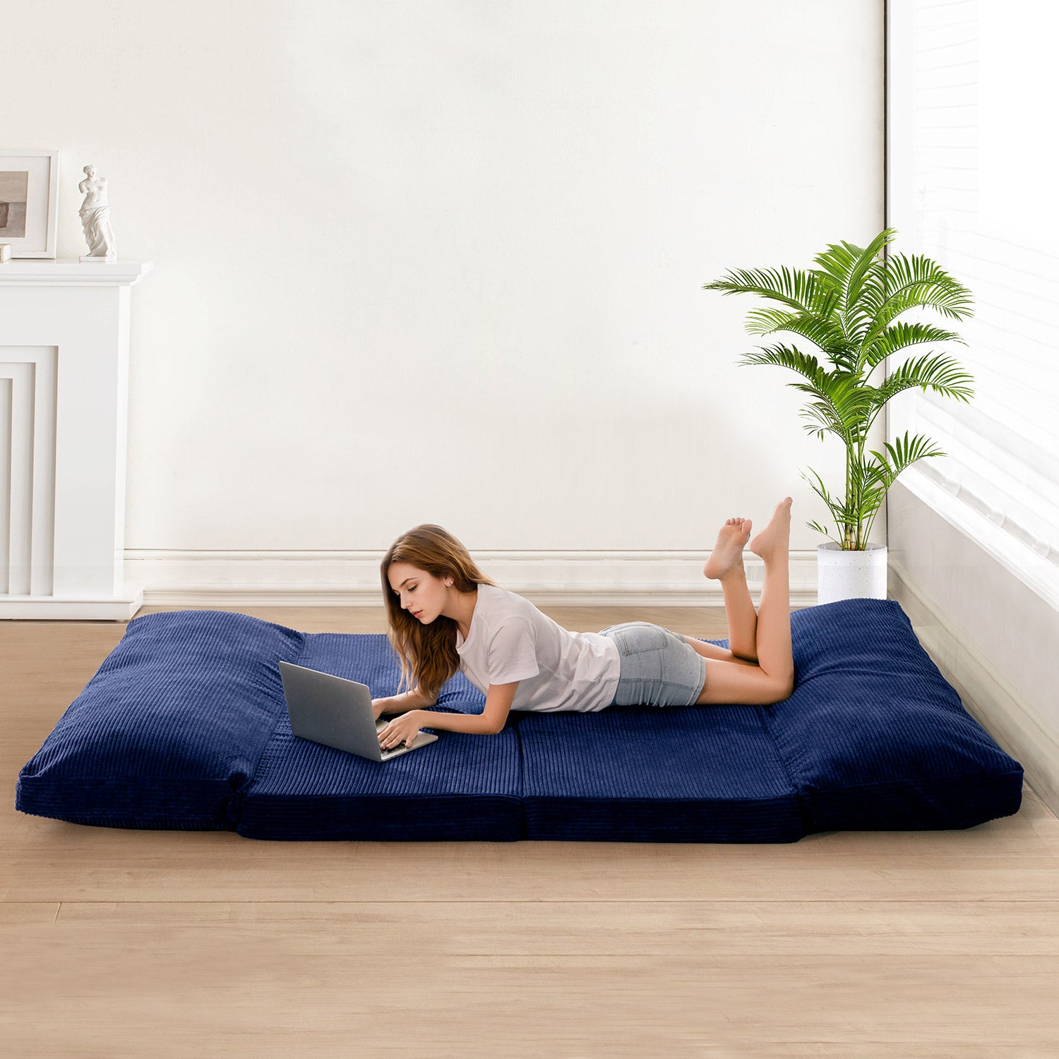 MAXYOYO Foldable Bean Bag Sofa Bed with Washable Corduroy Cover - Navy Blue | Comfortable Lounge Chair for Living Room, Bedroom & Dorm | Perfect for Relaxing, Reading & Napping