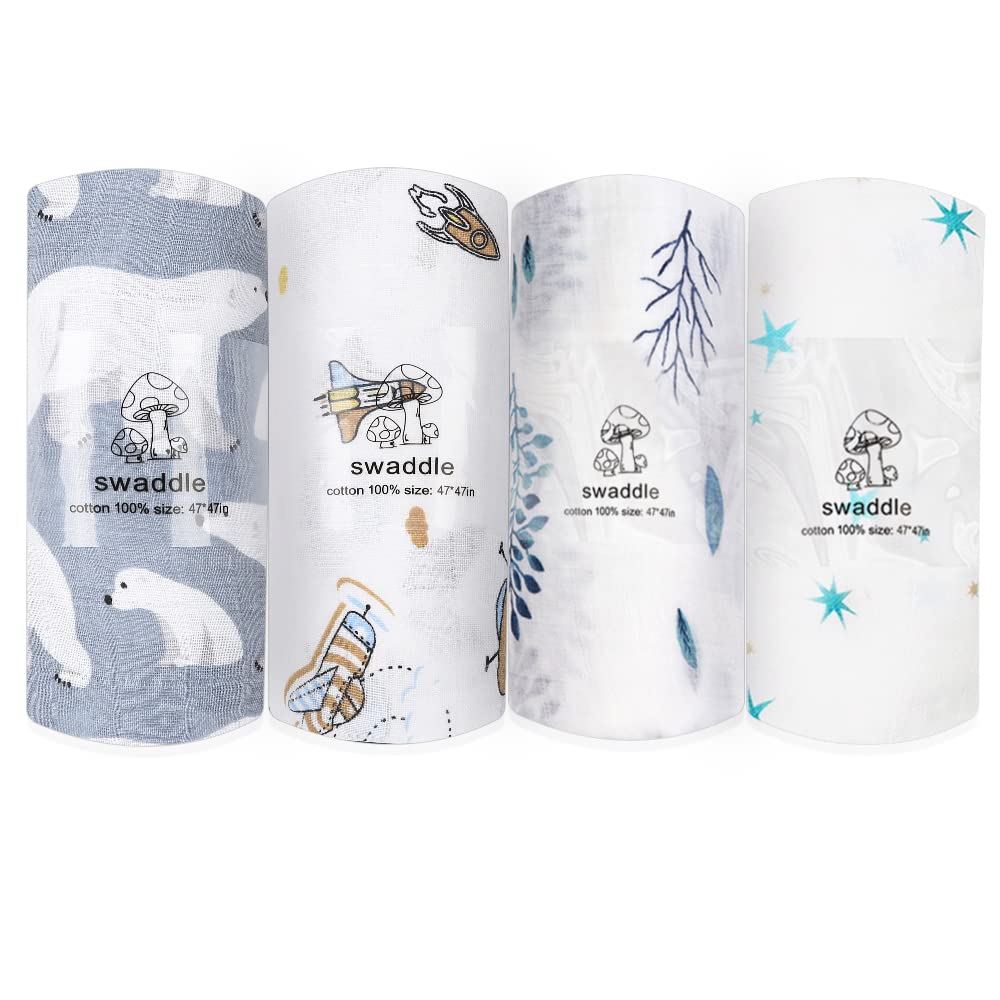 Premium 4-Pack Norinori Muslin Baby Swaddle Blankets - 100% Breathable Soft Cotton 47x47 Inch for Newborns | Multi-Use Swaddling, Nursing Cover & Burp Cloth | Super Durable & Reusable Infant Essentials (Grey)