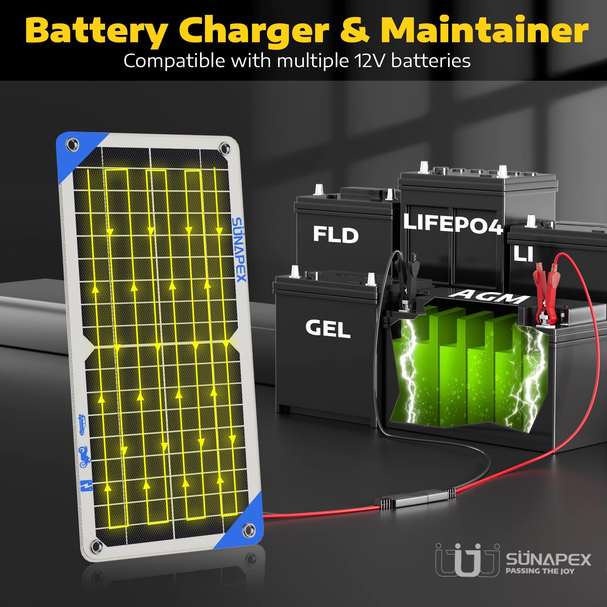 SUNAPEX 10W Solar Battery Charger for Car, Boat, Truck - Waterproof & Portable