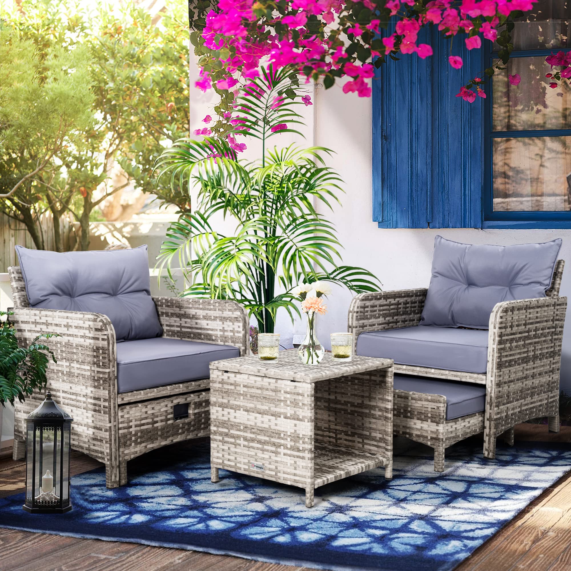 Pamapic 5-Piece Wicker Patio Furniture Set - Outdoor Rattan Chairs with Ottomans & Coffee Table - Purple Cushions & Gray Wicker - Perfect for Garden, Balcony, Porch & Backyard Relaxation