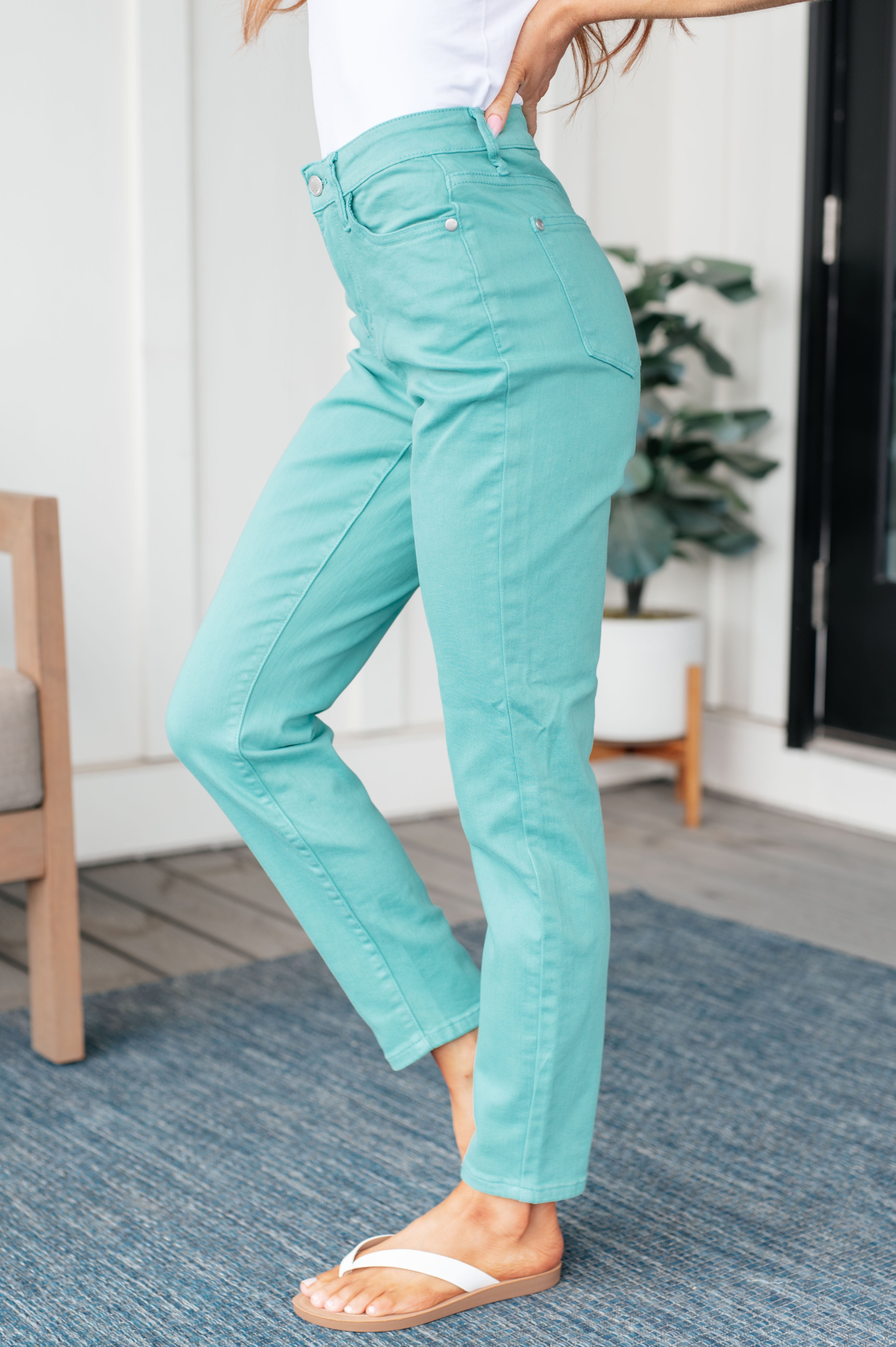 Judy Blue Aqua Marine Bridgette High Rise Garment Dyed Slim Jeans for Women | Stretch Denim Pants | Casual & Work Outfit | Perfect for Everyday Wear, Office, and Date Nights