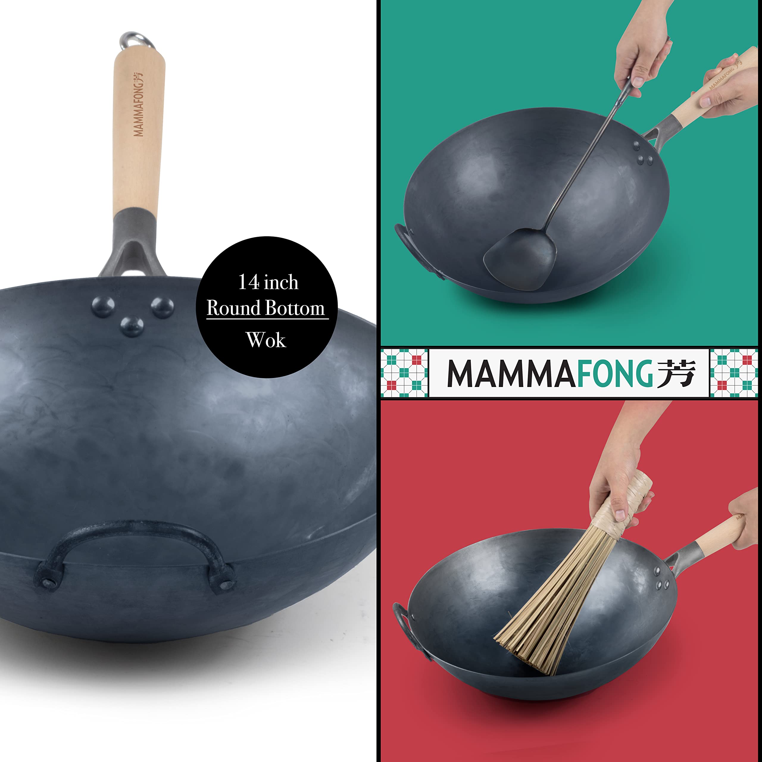 14 Inch Traditional Hand Hammered Pre-Seasoned Carbon Steel Wok Set with Spatula & Bamboo Brush - Round Bottom Chinese Stir Fry Pan for Professional Cooking, Home Kitchen & Asian Cuisine