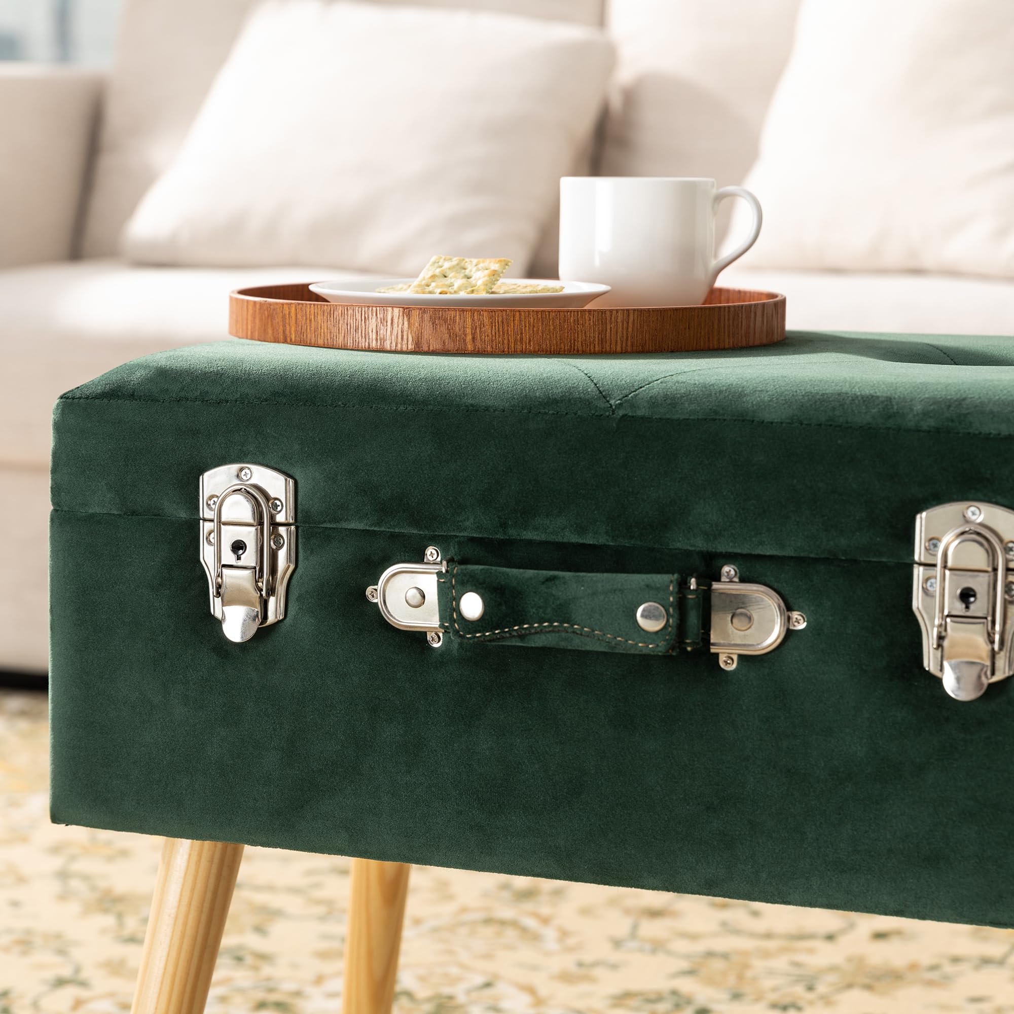 Glitzhome Velvet Storage Footstool - Upholstered Ottoman with Button Tufting & Wood Legs, Vanity Footrest Seat Stool for Living Room, Bedroom, Bedside - Dark Green | Perfect Makeup Stool, Decorative Suitcase Design for Home Décor & Comfort