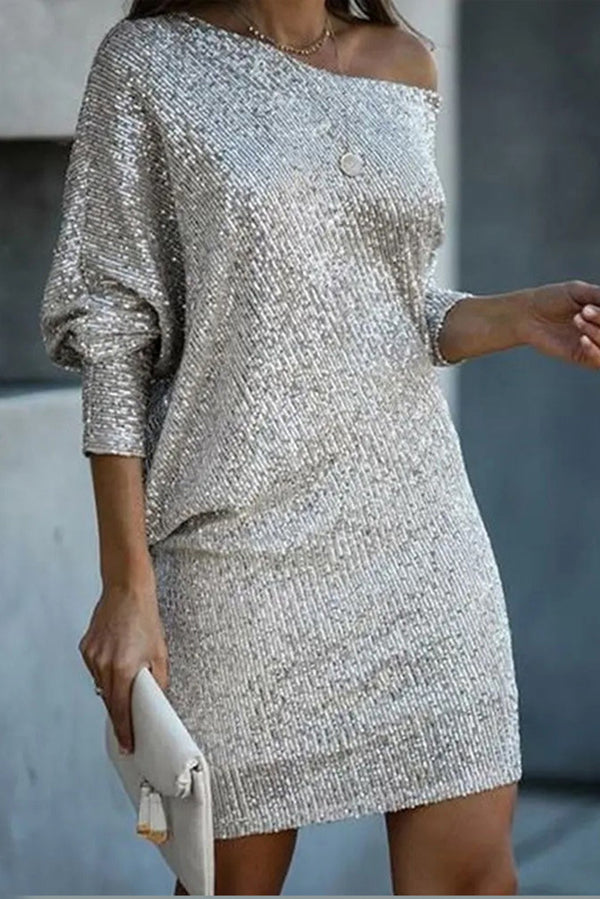 Elegant Solid Sequined Off-Shoulder Loose Mini Dress for Women - Perfect for Parties, Date Nights & Special Occasions