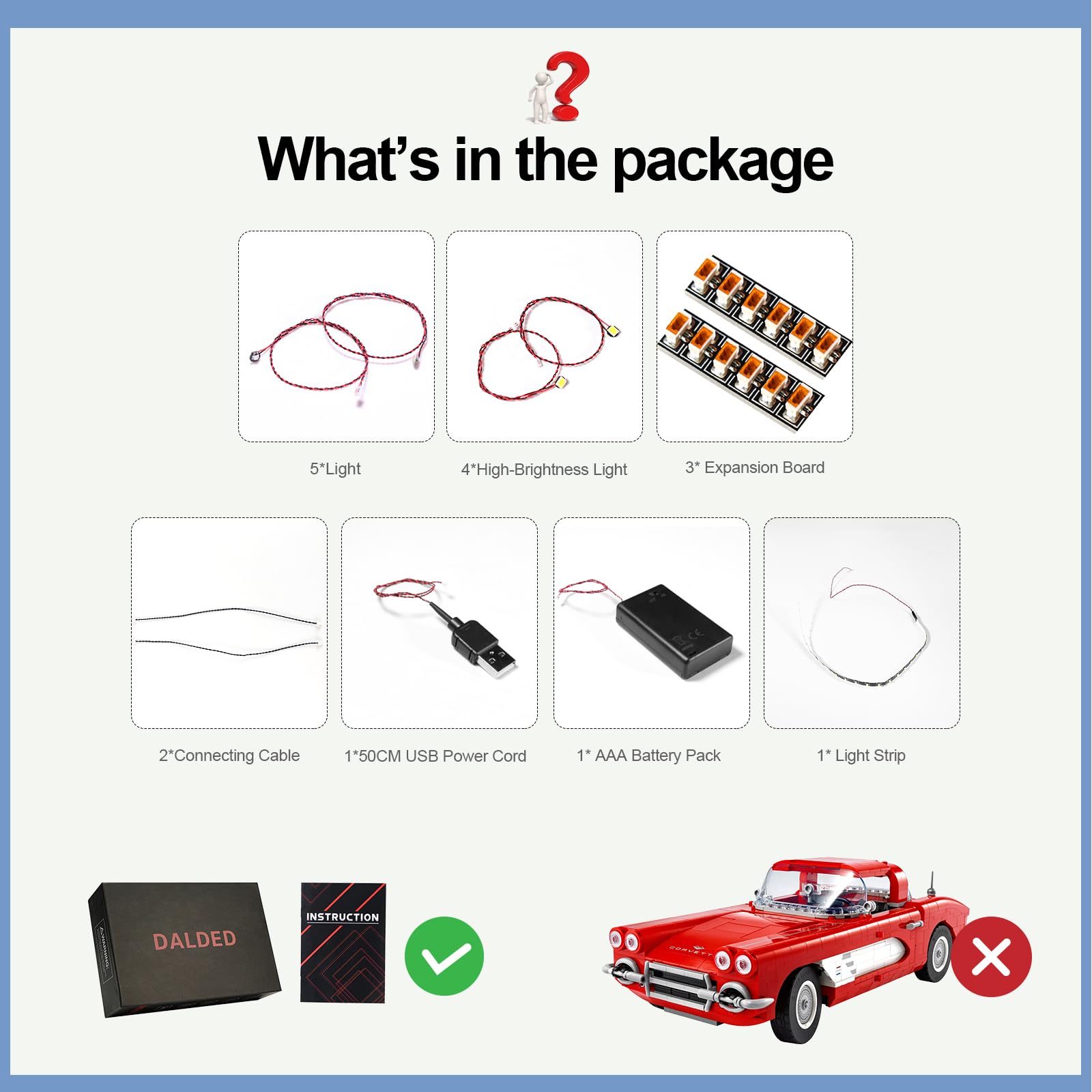 LED Light Kit for Lego Corvette 10321 Building Blocks - Compatible with Lego 10321 Model Car (Lego Set Not Included) - Perfect for Night Display, DIY Projects & Enhancing Your Lego Collection