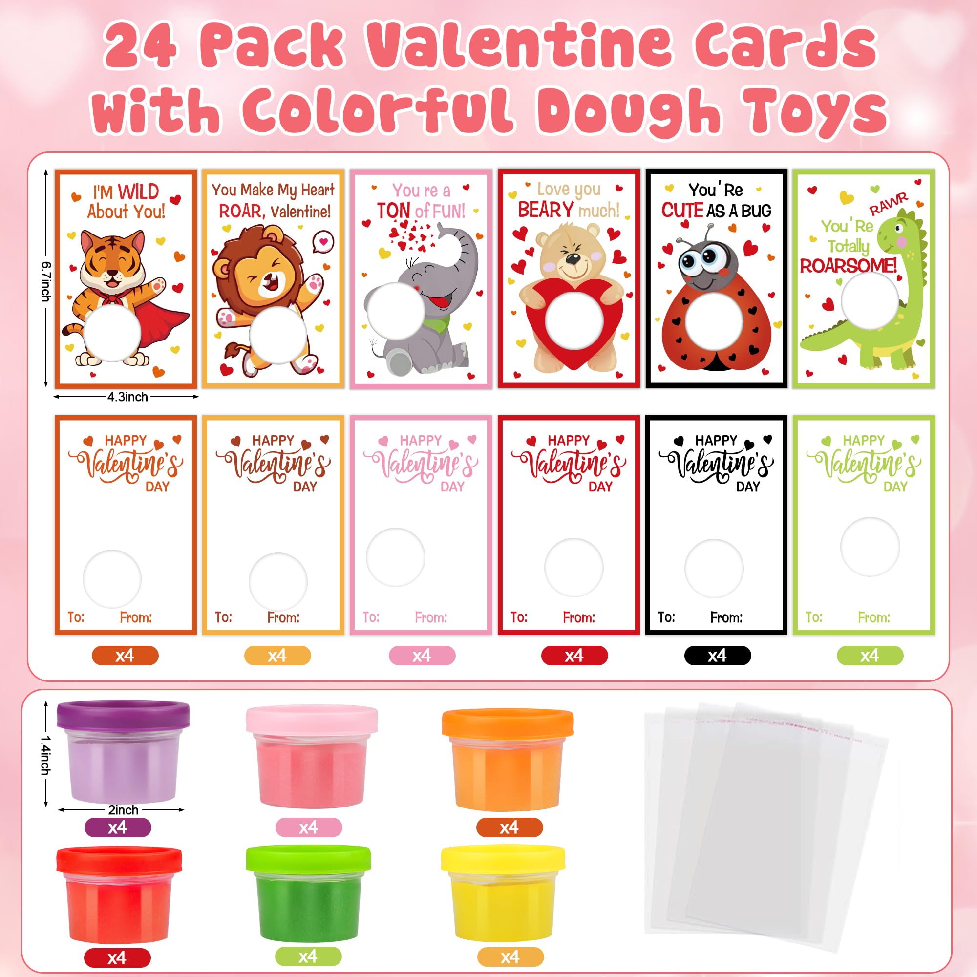 24 Pack Valentine's Day Cards for Kids with Play Dough - Classroom Exchange Cards, Party Favors & Goodie Bag Fillers - Perfect for School Valentine's Day Parties & Gift Exchanges
