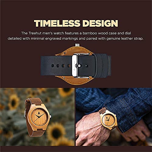Treehut Men's Wooden Bamboo Watch with Japanese Quartz Movement - Stylish Exotic Wooden Wristwatch with Brown Leather Strap - Perfect for Casual, Business & Outdoor Activities