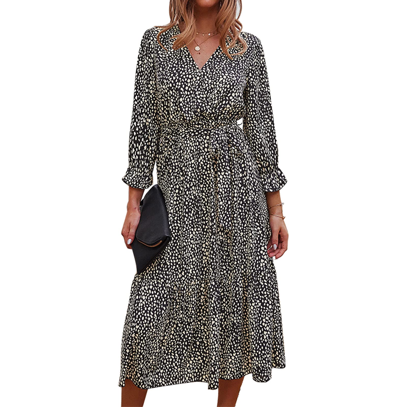 VATENANI Women's Flowy Ruffle Long Sleeve V-Neck Leopard Print Maxi Dress with Tie Waist - Boho Chiffon Beach Dress for Summer Vacation, Party, Date Night & Casual Wear