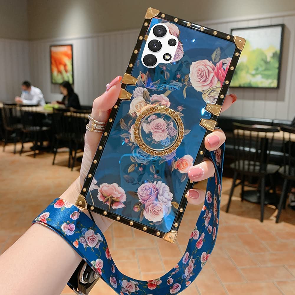 Samsung Galaxy A32 5G Phone Case with 360° Rotating Finger Ring Stand - Elegant Retro Design, 4-Corner Protection & Wrist Strap - Peony Floral Pattern (Perfect for Work, Travel & Daily Use)