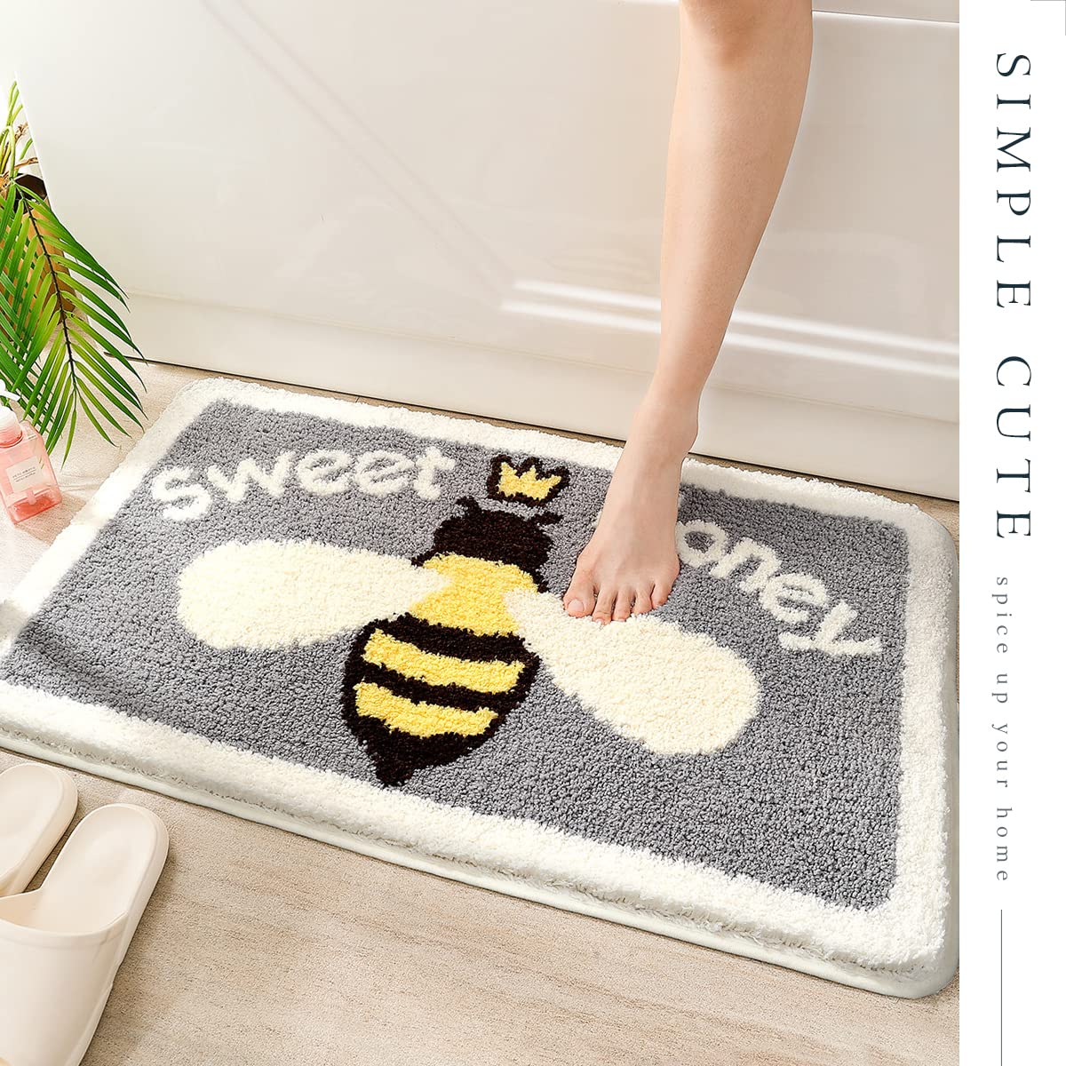 Extra Soft Absorbent Bath Rug - Non-Slip Comfortable Bathroom Mat for Tub & Shower, Machine Washable 16x24 Inch Cute Bee Design - Perfect for Bathroom Safety and Cozy Home Decor
