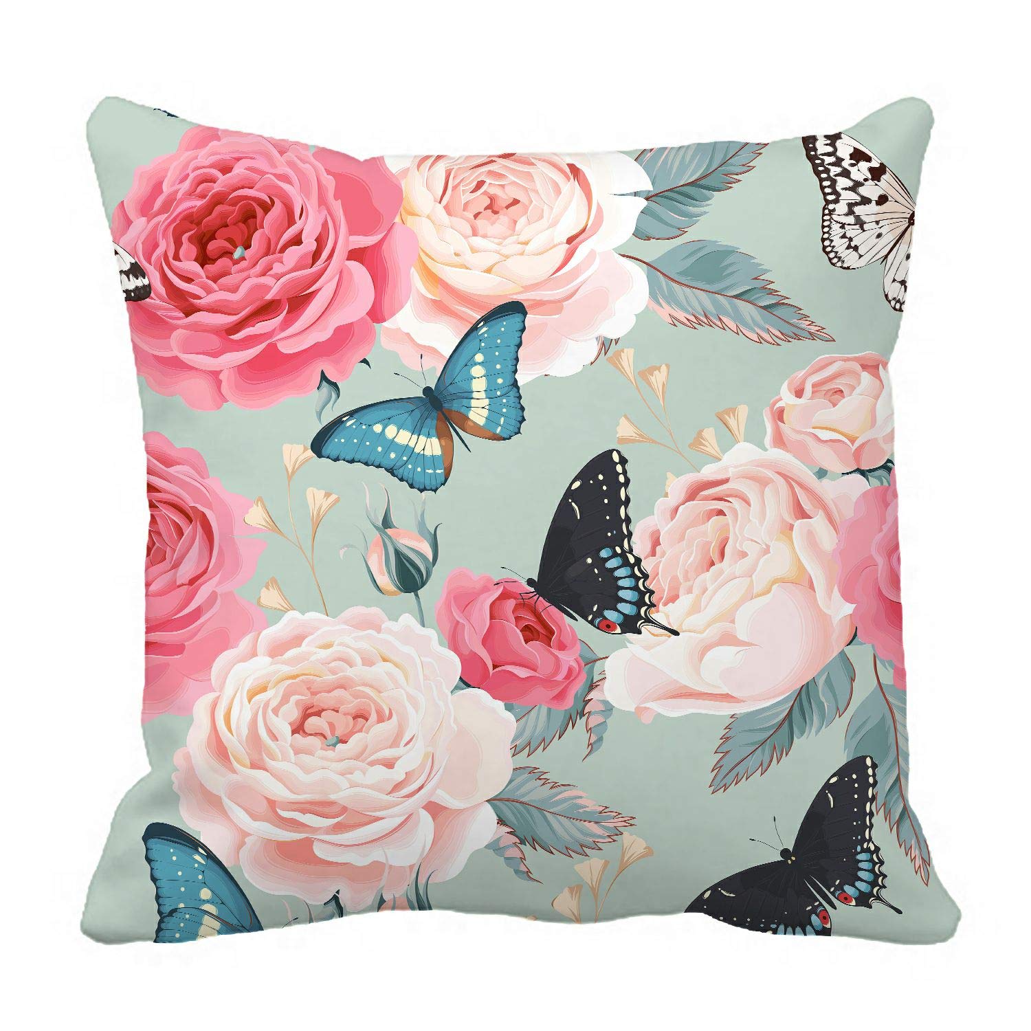 ABPHQTO Peony Roses and Butterfly Pillow Cover - 18x18 Inch Decorative Pillow Case for Couch, Bed, Sofa - Soft & Stylish Home Decor for Living Room, Bedroom