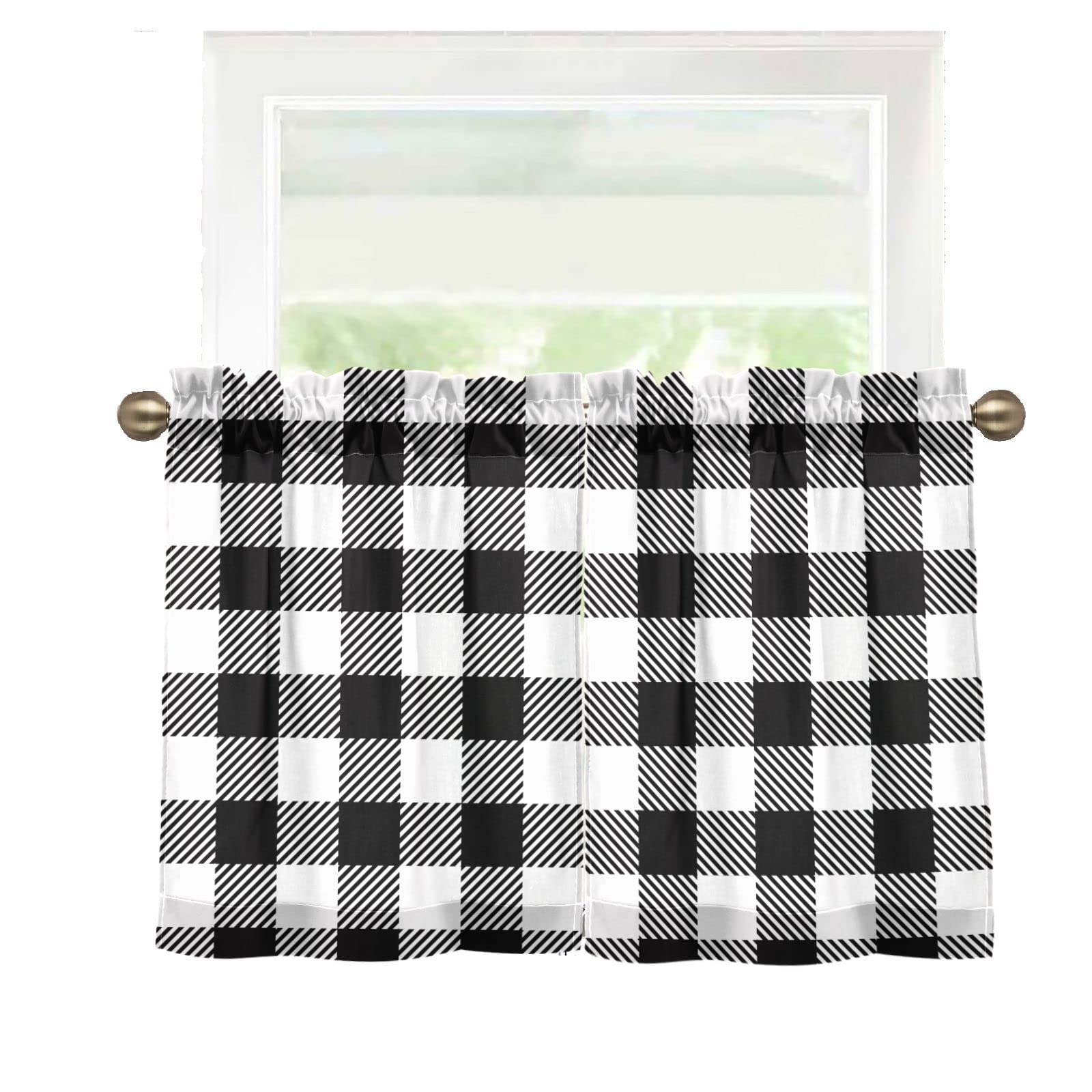 DOMIKING Black White Buffalo Plaid Check Tier Curtains - 27x24 Inches Short Valance with Rod Pockets for Small Windows - Perfect for Laundry Room, Bathroom & Kitchen Decor (Farmhouse Style Window Treatment)