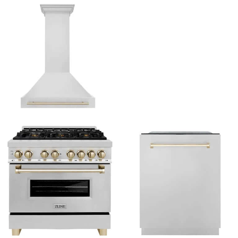 ZLINE Autograph Edition 36-inch Stainless Steel Dual Fuel Range with Range Hood & Dishwasher - Polished Gold Accents (3AKP RARHDWM36 G) | Premium Kitchen Package for Modern Homes & Professional Chefs