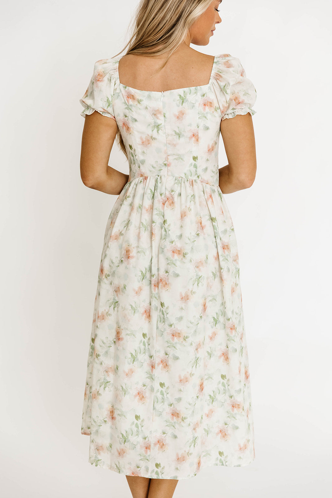 Azalea Ruched Puff Sleeve Midi Dress - Ivory Floral Print Summer Dress for Women, Perfect for Weddings, Parties & Date Nights