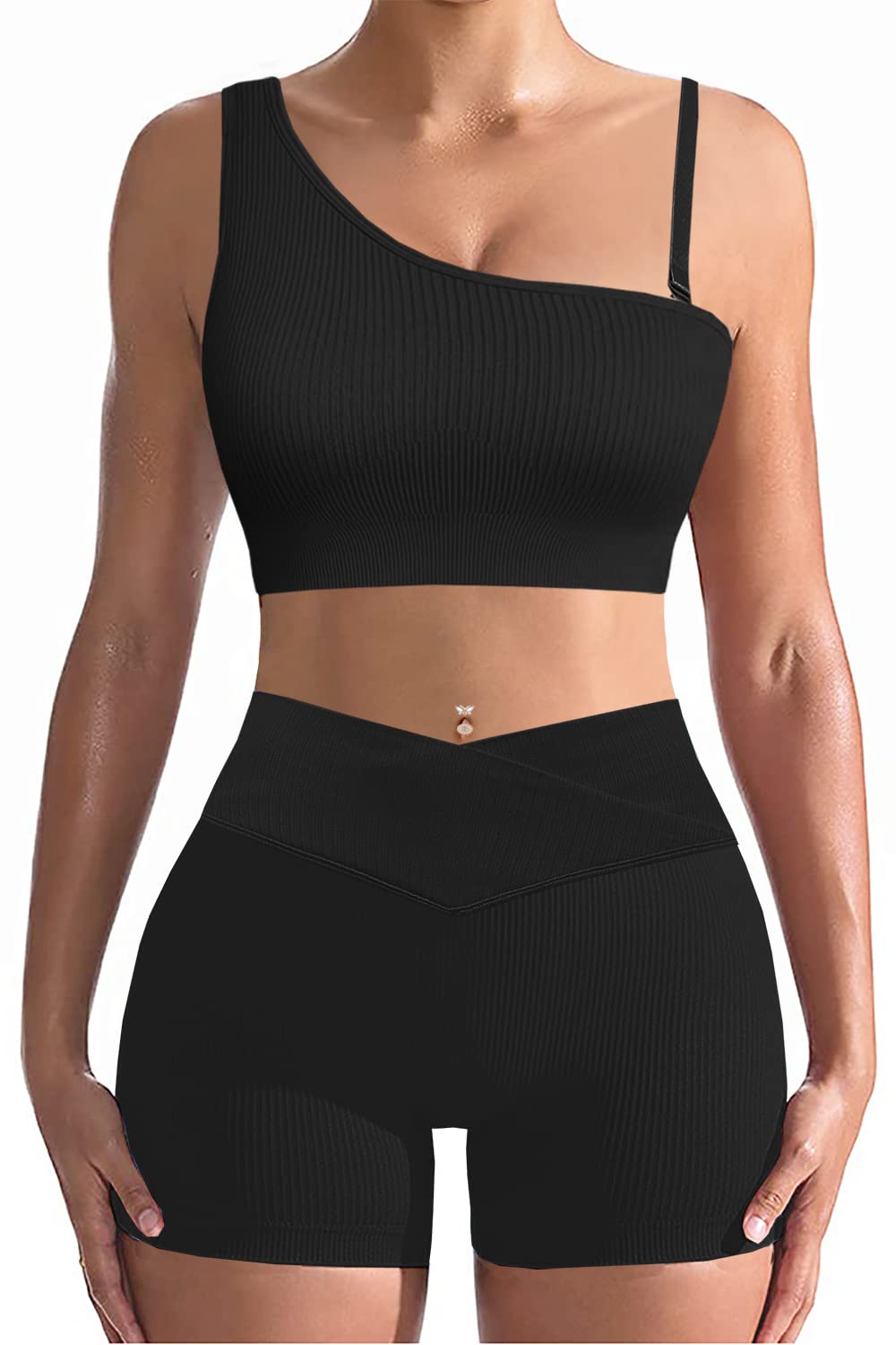 Niyokki Women's 2-Piece Workout Set - Sexy Summer Sports Bra & Crossover Shorts Matching Gym Outfit for Yoga, Running & Fitness Training