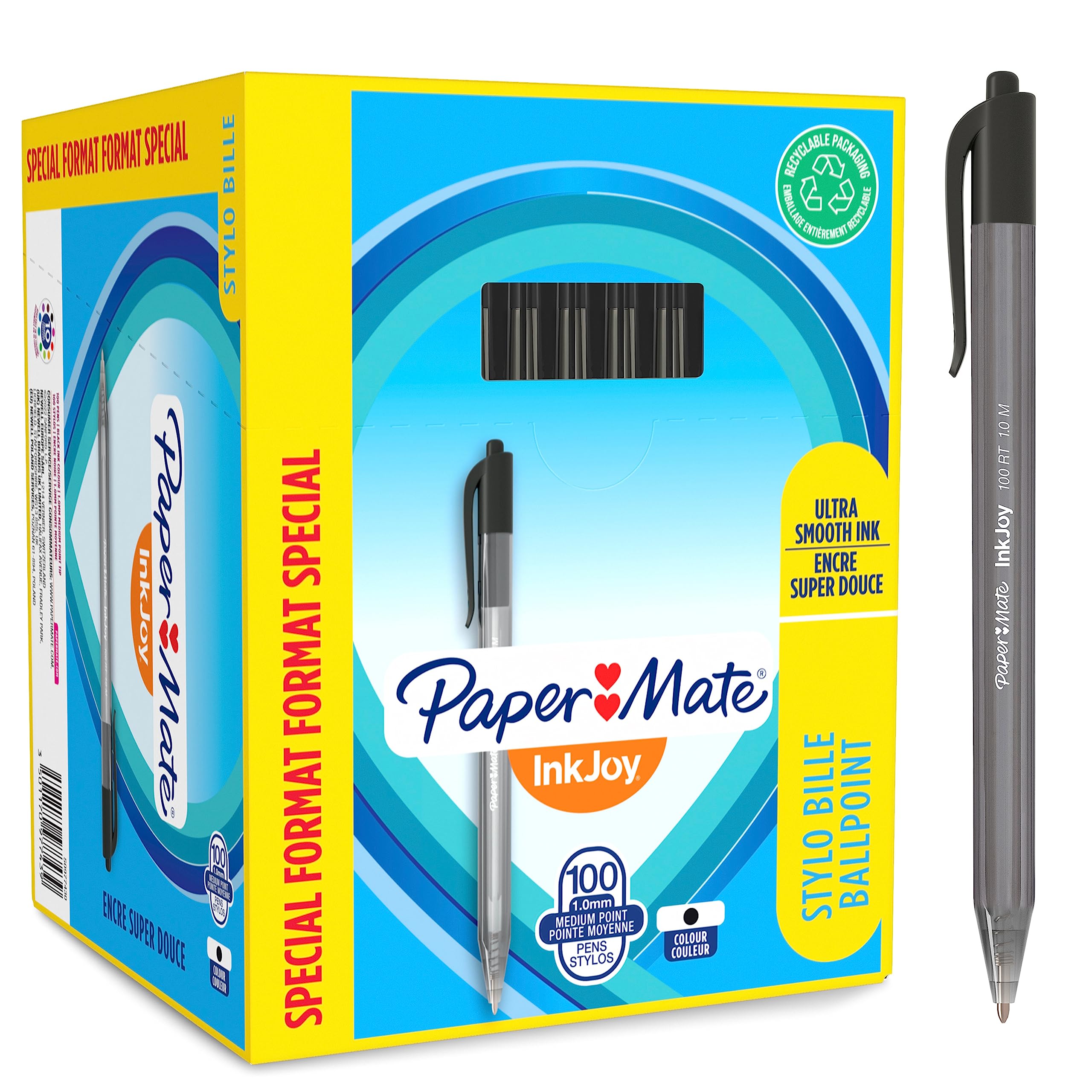 Paper Mate InkJoy 100RT Retractable Ballpoint Pens - 1.0mm Medium Point, Black Ink, Pack of 100 - Smooth Writing for Office, School & Note Taking