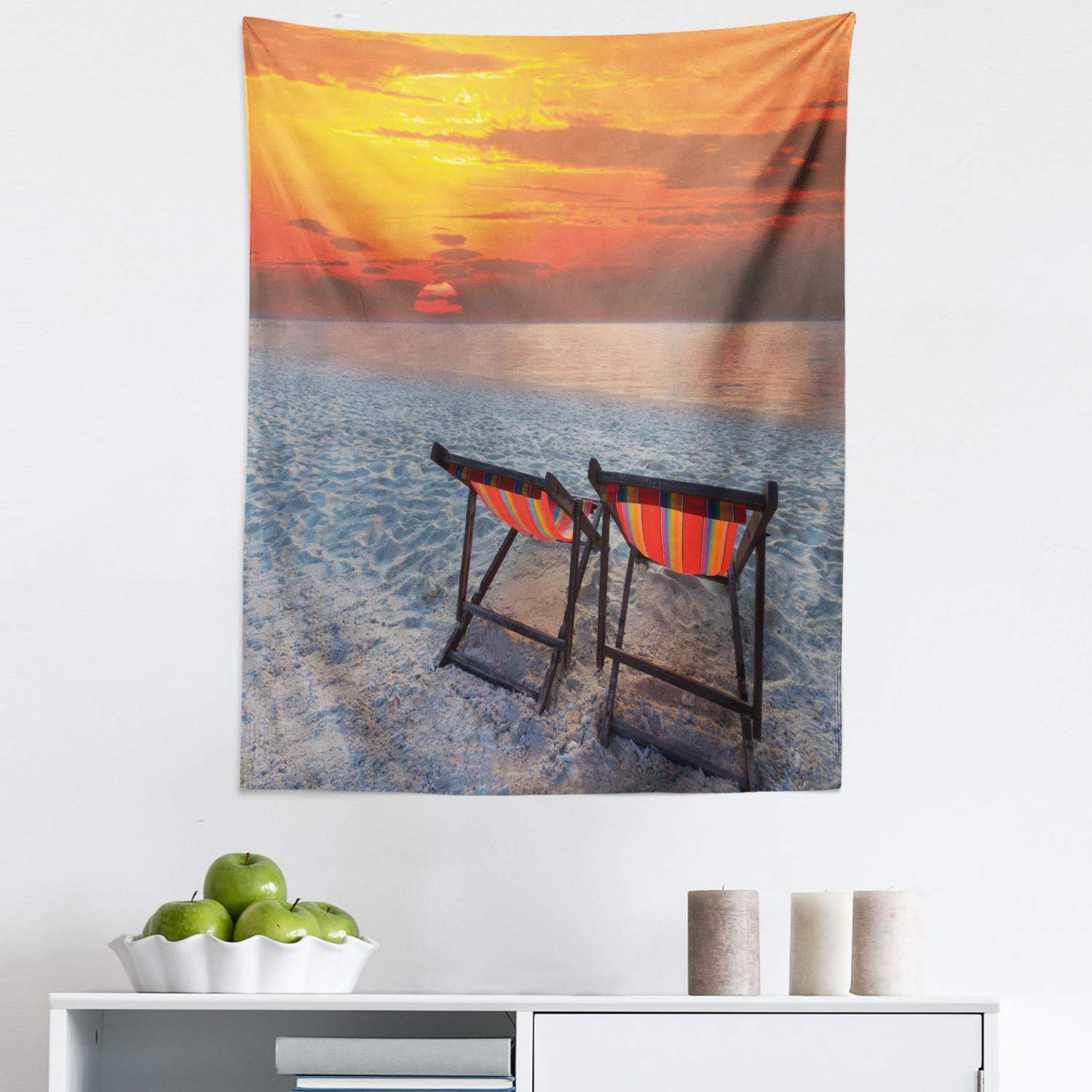 Ambesonne Coastal Tapestry - Vibrant Sunset Beach Scene with Couple Chairs Wall Art, 23