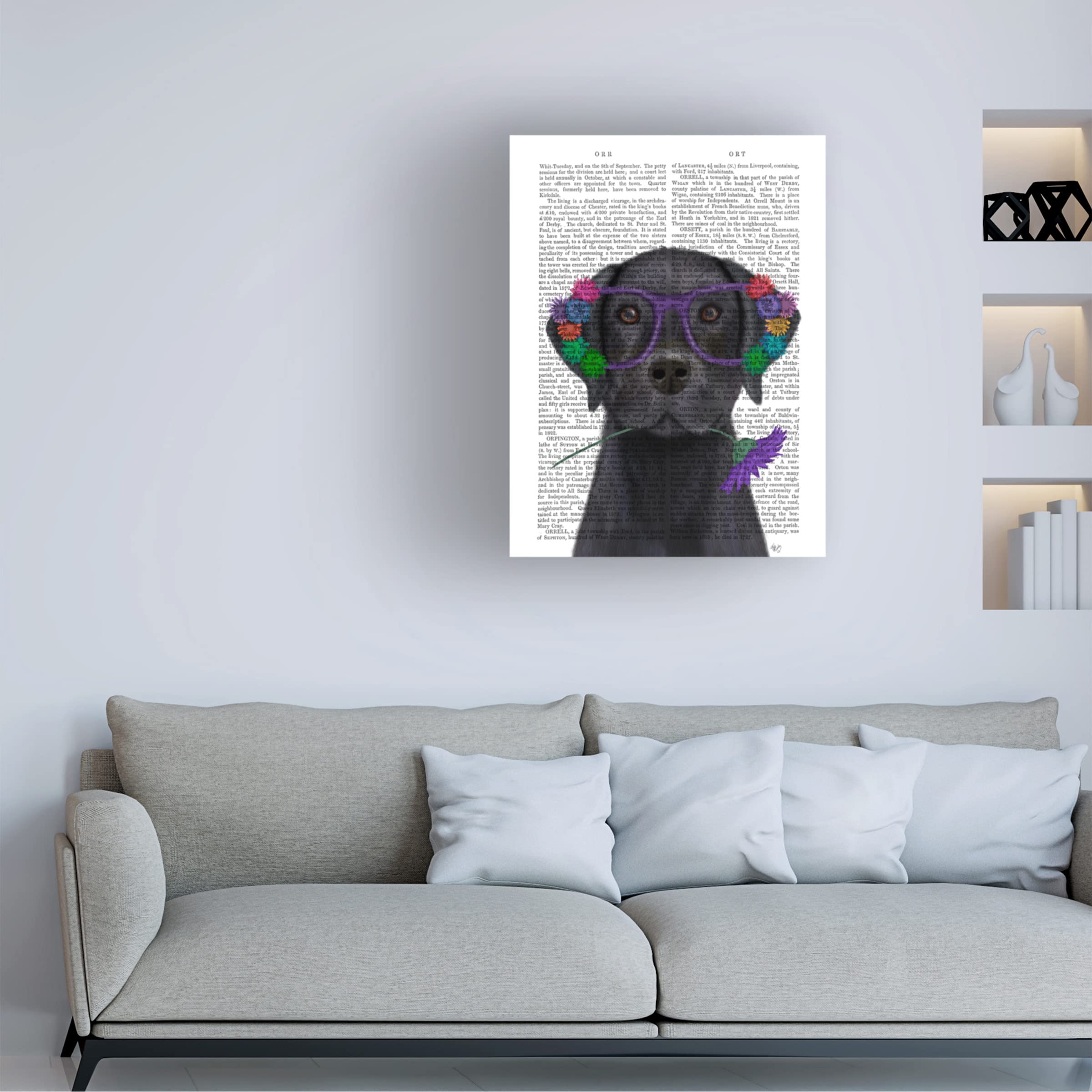 Fab Funky 'Black Labrador and Flower Glasses Book Print' Canvas Wall Art - Perfect for Living Room, Bedroom & Office Decor