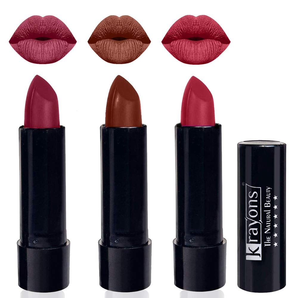 Krayons Matte Lipstick Set - Waterproof, Long-Lasting, Non-Drying (Shocking Pink, Chocolate Mocha, Orange Tango) - 3.5g Each, Pack of 3 | Perfect for Daily Wear, Parties & Special Occasions