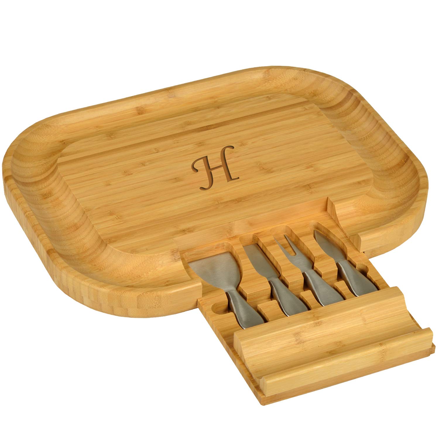 Personalized Monogrammed Bamboo Cutting Board for Cheese & Charcuterie with Knife Set - Engraved Picnic & Party Serving Board - USA Designed Quality Checked - Perfect for Outdoor Picnics, Housewarming Gifts & Entertaining Guests