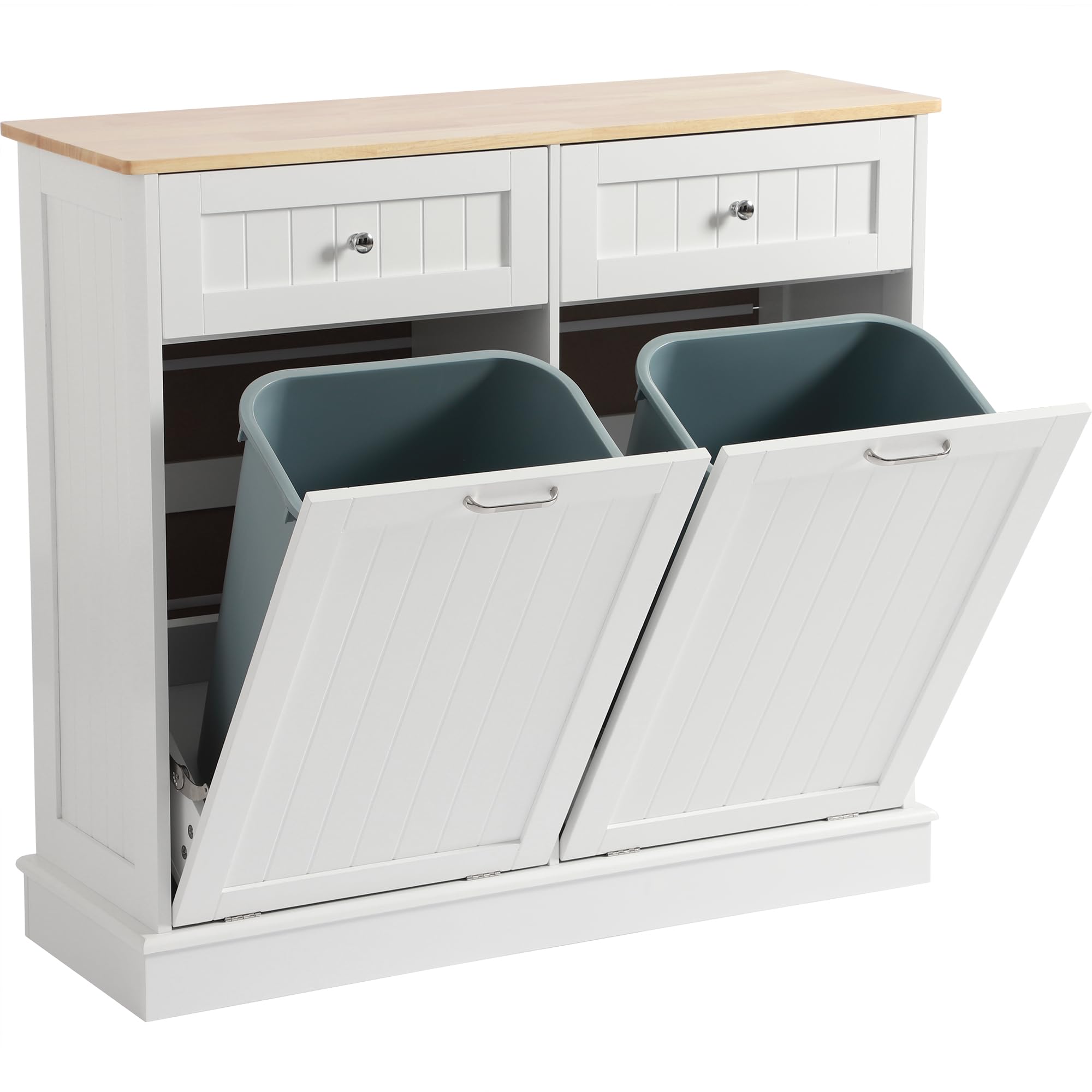 White Wooden Tilt-Out Trash Can Cabinet with Double Hidden Trash Bin Holder - Free Standing Kitchen Recycling Storage Organizer, Dog-Proof Garbage Can for Home & Office Use
