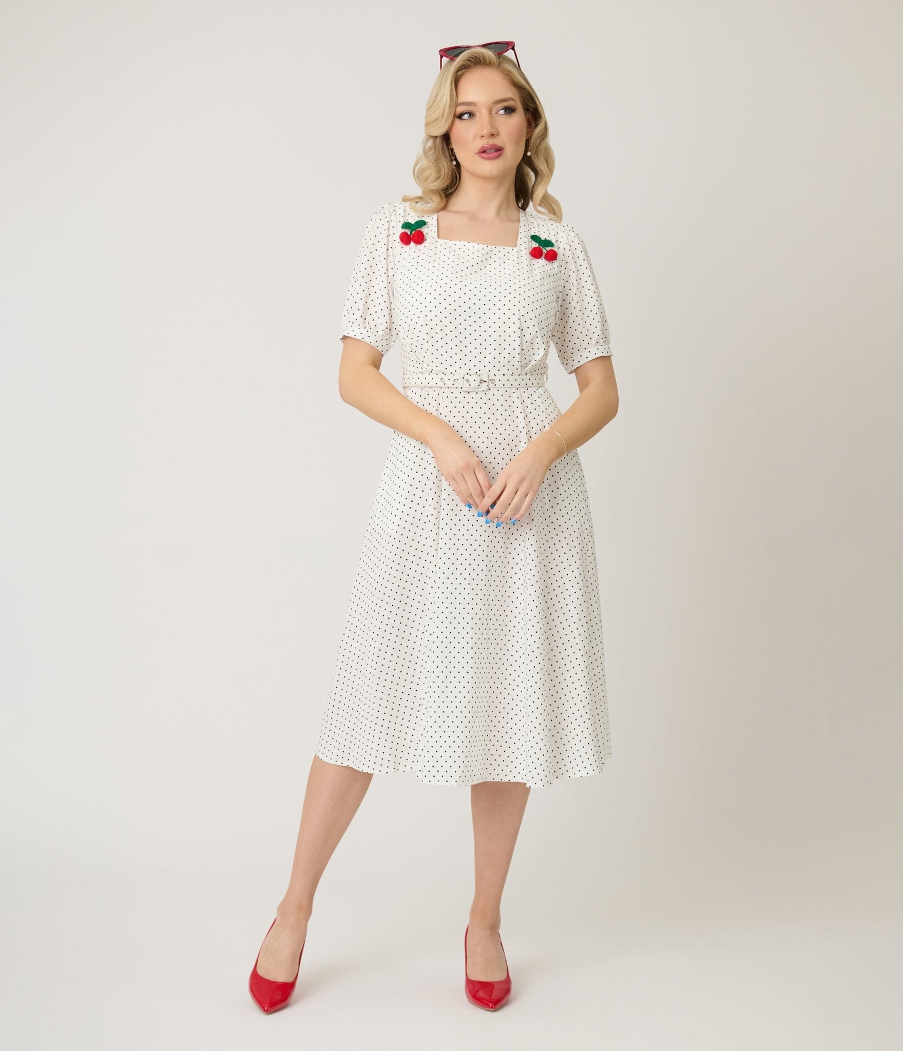 Royal Monk White & Black Polka Dot Cherry Print Midi Dress - Flirty Vintage Style for Date Night & Summer Parties