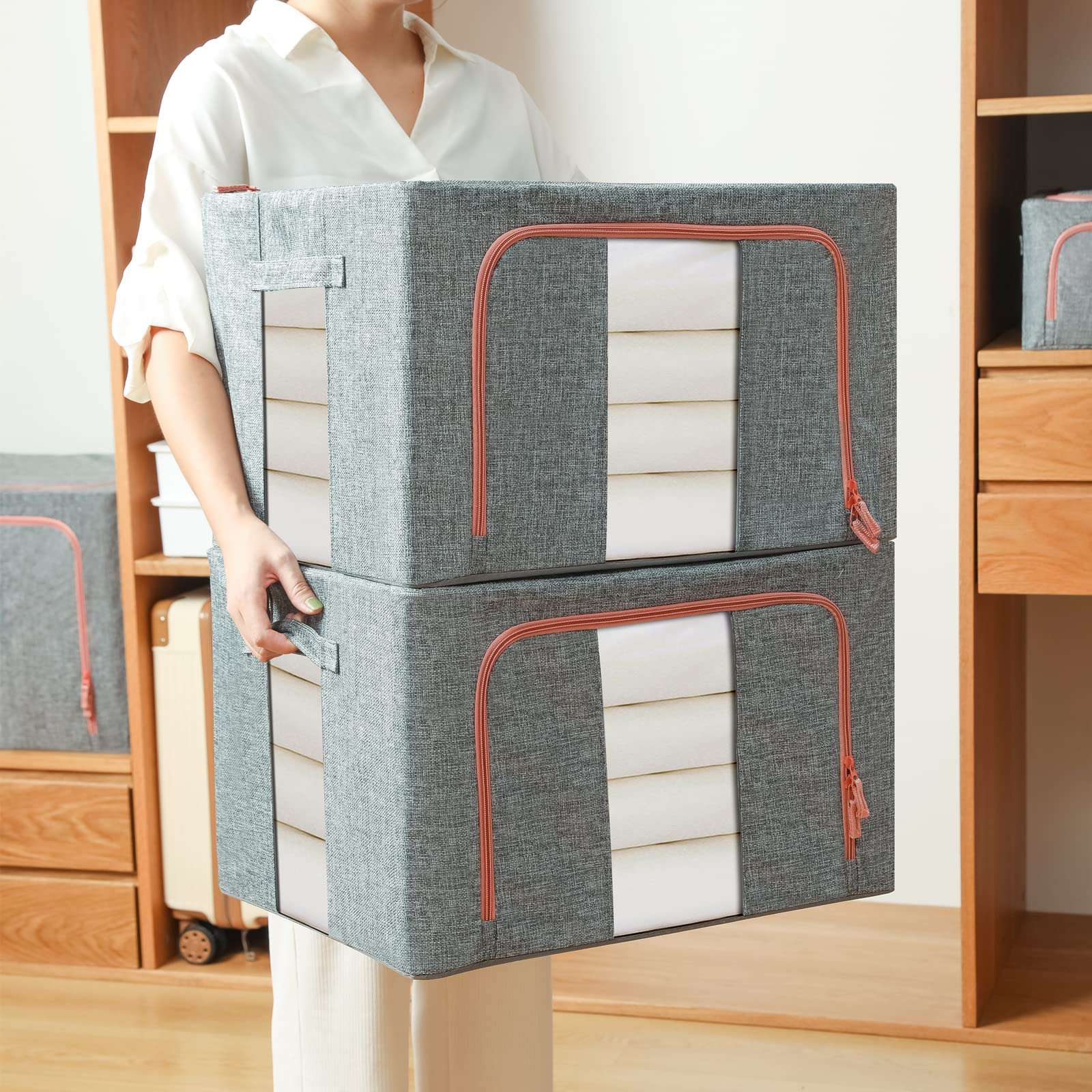 100L Large Cloth Storage Box - Foldable Closet Organizer with Handles for Clothes, Blankets & Seasonal Items | Space-Saving Wardrobe Storage Solution in Grey | Perfect for Bedroom, Closet & Travel Organization