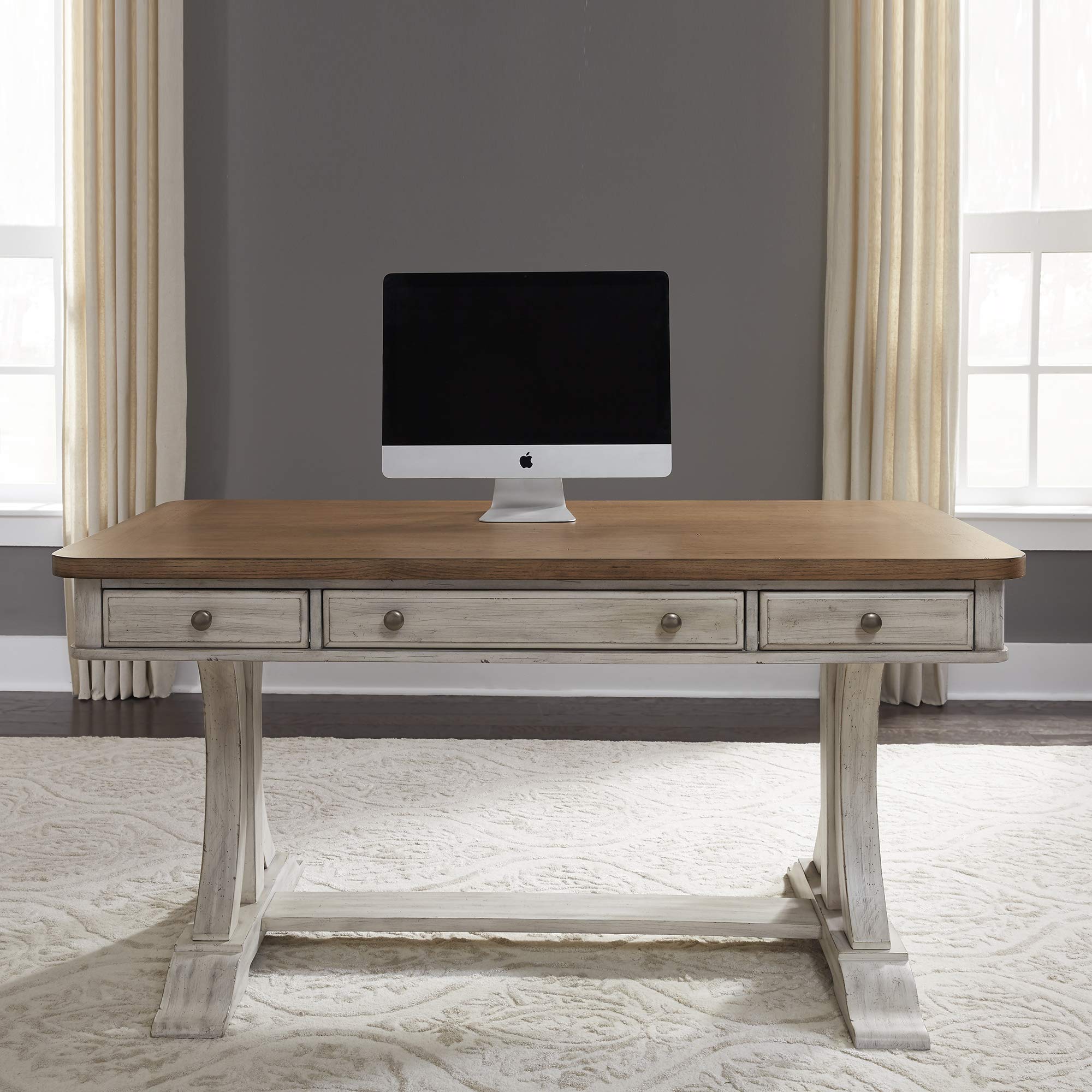 Liberty Furniture Industries Farmhouse Reimagined Writing Desk - Antique White Finish, Vintage Home Office Desk for Study Room, Small Space Workstation & Modern Farmhouse Decor