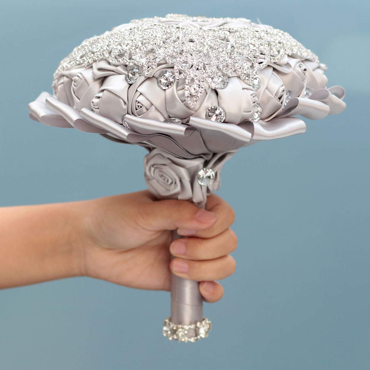 Handmade Artificial Rose Wedding Bouquet with Crystal Pearl & Satin Ribbon - Bridal Bouquet for Bride & Bridesmaids, Toss Bouquet for Wedding Ceremony, Church Events, Engagement Party, Valentine's Day Celebration & Home Décor