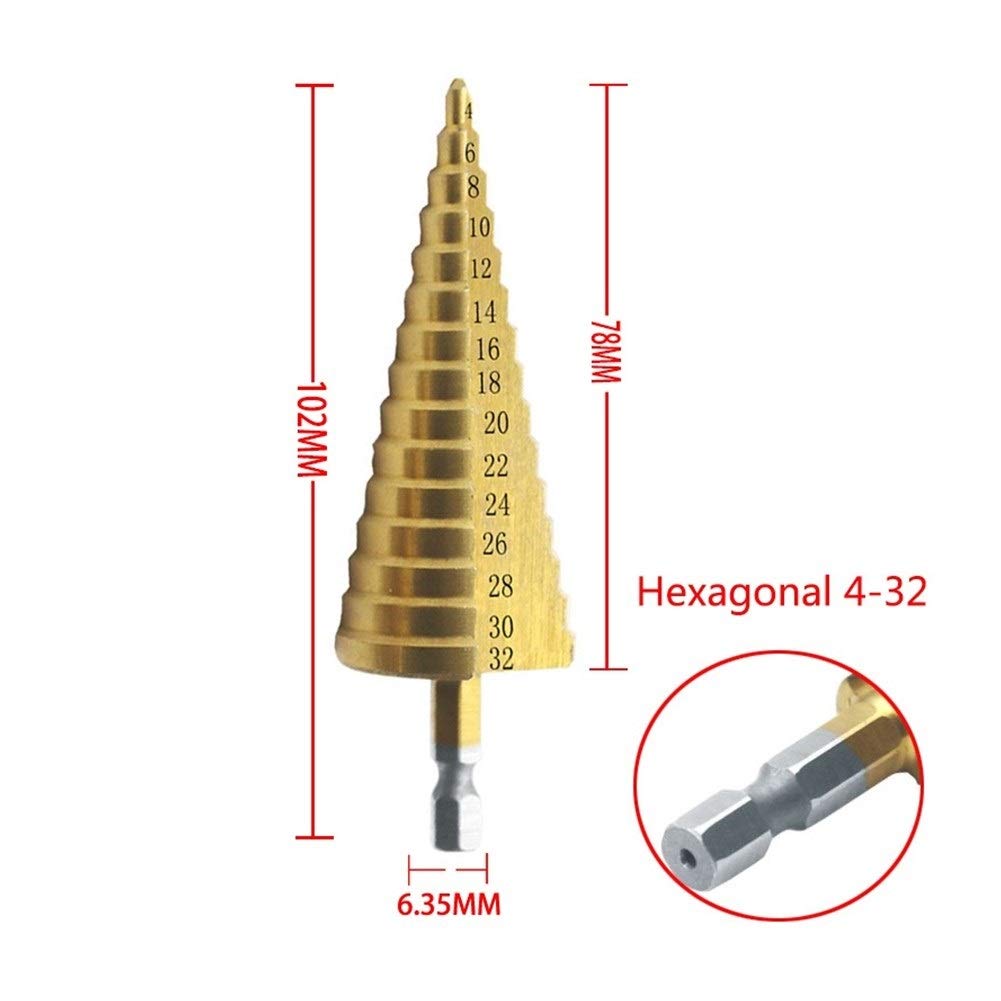 HSS Titanium-Coated Step Drill Bit Set (4-12mm, 4-20mm, 4-32mm) - High Speed Steel Cone Drill for Metal, Wood & Plastic - Hexagon Shank Power Tool for DIY, Carpentry & Metalworking Projects