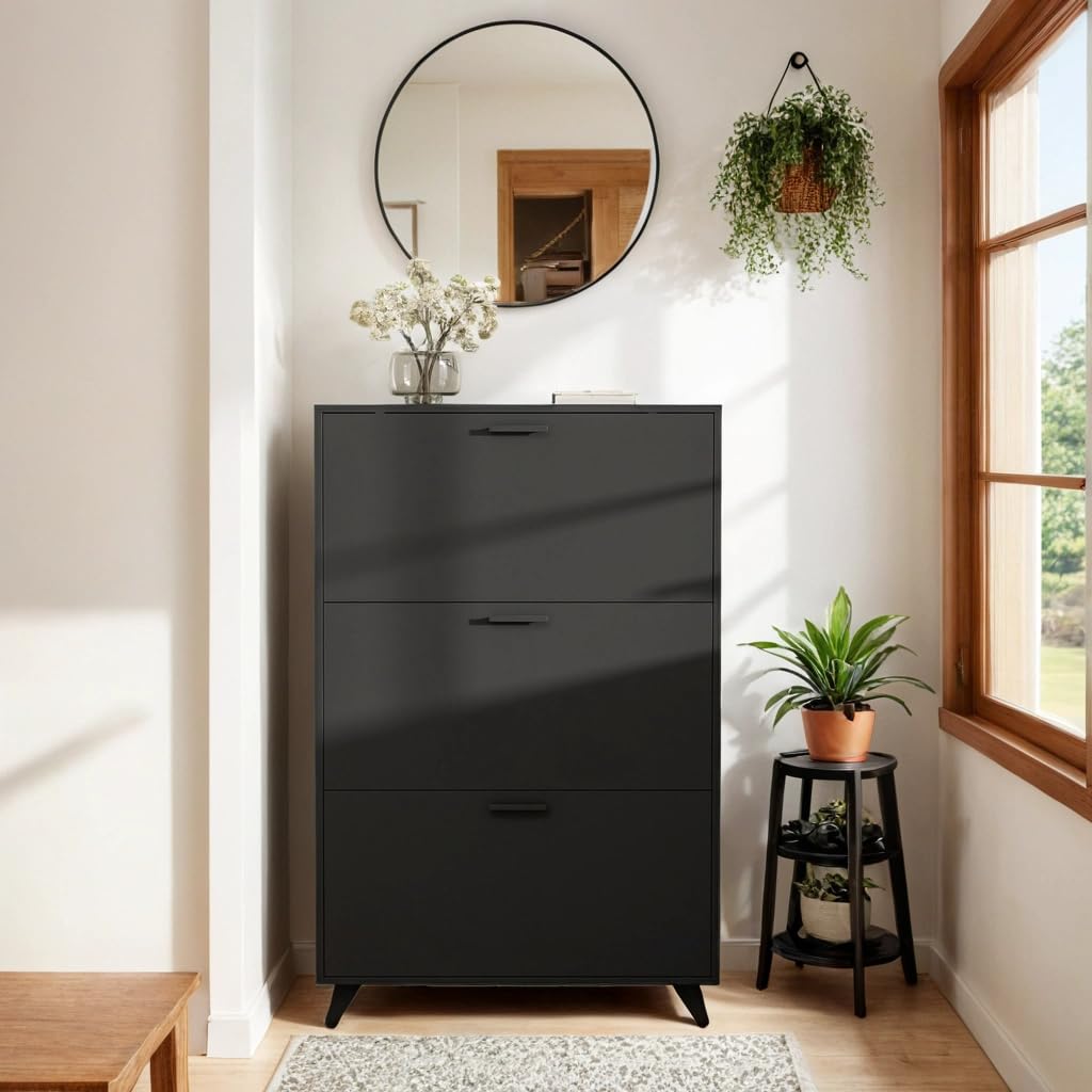 Black Shoe Storage Cabinet for Men & Women - Holds Up to Size 16 Shoes - 3-Tier Flip Drawer Wooden Organizer for Entryway, Closet, Living Room - Perfect for Small Spaces & Shoe Collection Organization