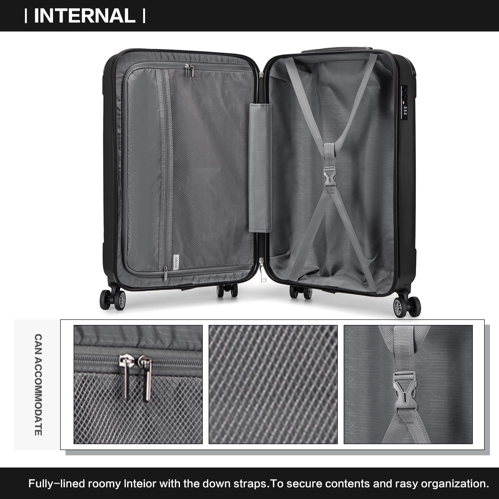 Kono 55x35x20cm ABS Hard Shell Carry-On Luggage - 33L Cabin Approved Travel Suitcase with Wheels (Black) | Perfect for Airplane, Business Trips & Weekend Getaways