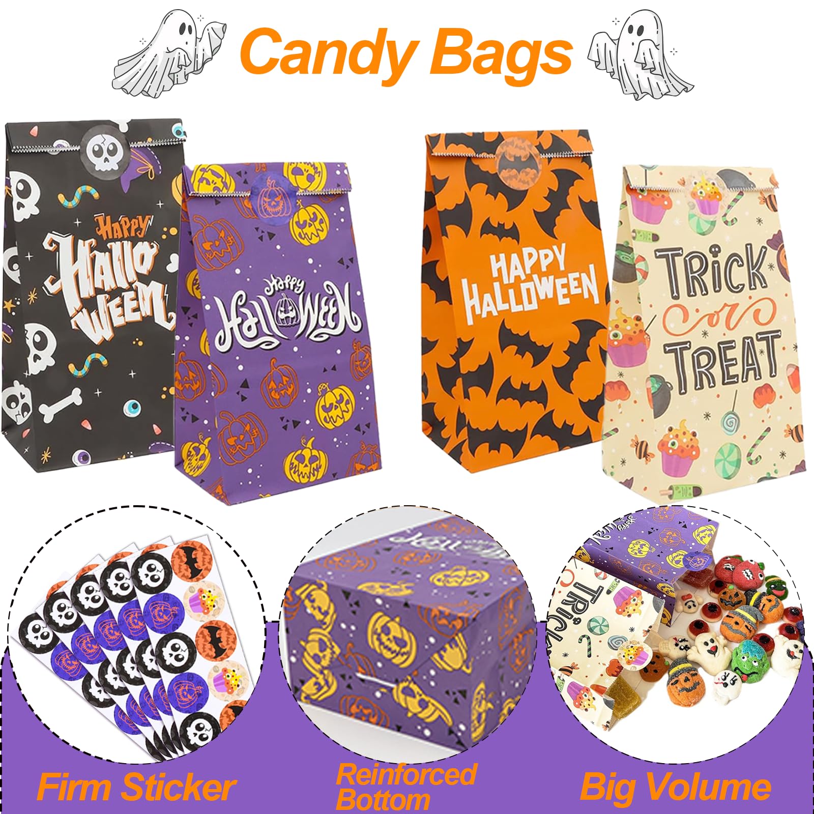 Halloween Trick or Treat Candy Bags - 24 Pack Halloween Party Favors with 24 Stickers, Small Gift Bags for Kids, Boys & Girls - Perfect for Trick or Treating, Classroom Treats & Halloween Party Supplies