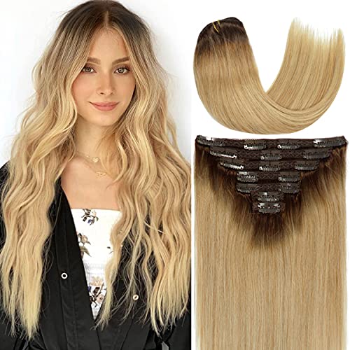 Caliee 22inch Clip-in Human Hair Extensions - Remy Ombre Chocolate Brown to Dirty Blonde - 7pcs 140g Double Weft Silky Straight Hair for Full Volume | Perfect for Parties, Weddings & Daily Styling