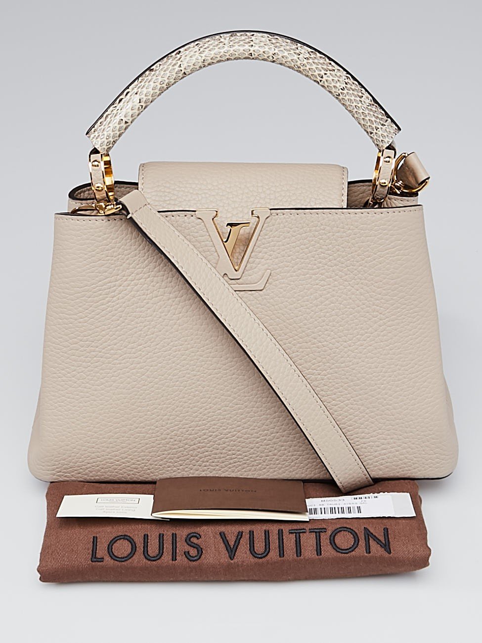 LV Capucines BB Handbag - Taurillon Leather with Python Accents in Galet Gray | Luxury Crossbody Bag for Women, Perfect for Date Night & Evening Events