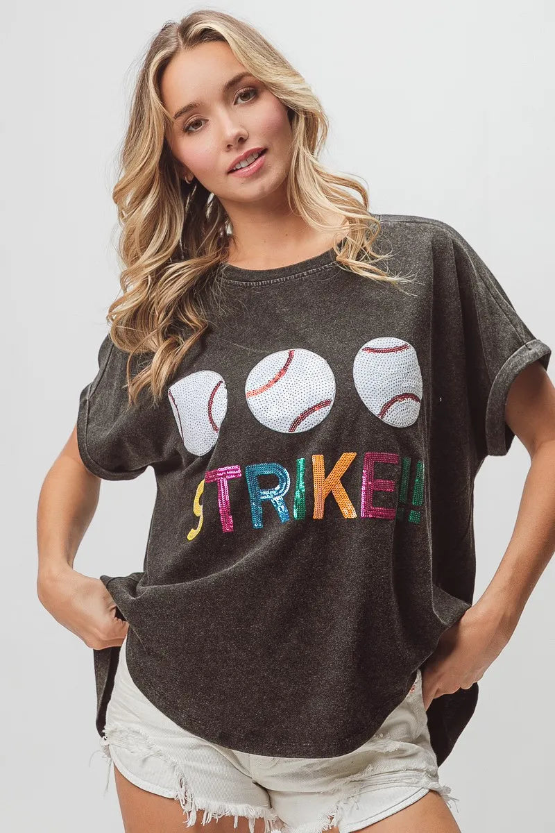 BiBi Sequin Baseballs Strike Washed Short Sleeve T-Shirt | Trendy Casual Top for Women | Perfect for Parties, Concerts & Night Out
