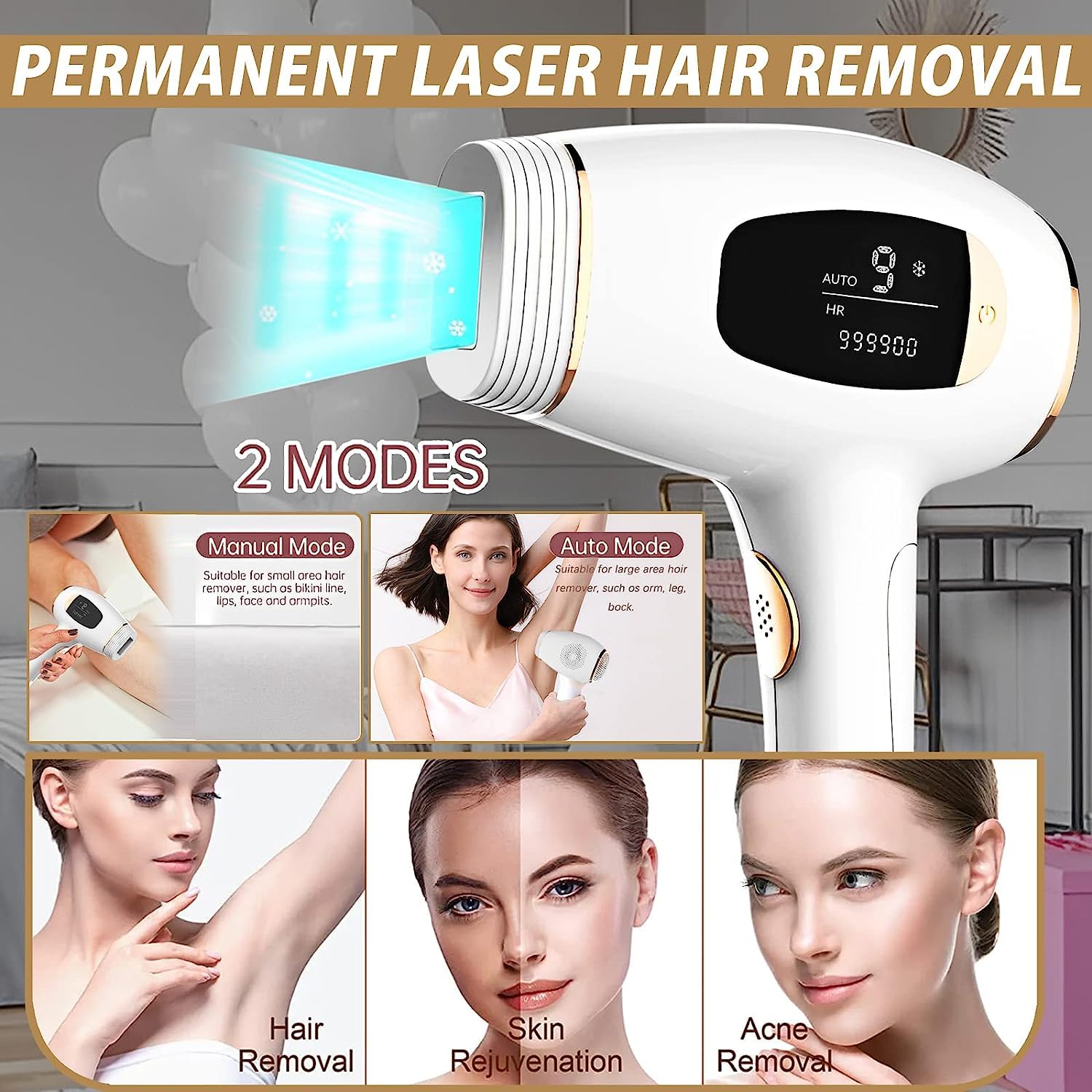 Painless At-Home IPL Laser Hair Removal Device for Women & Men - Permanent Hair Reduction for Face, Armpits, Legs, Arms & Bikini Line | Safe & Effective for Smooth Skin at Home