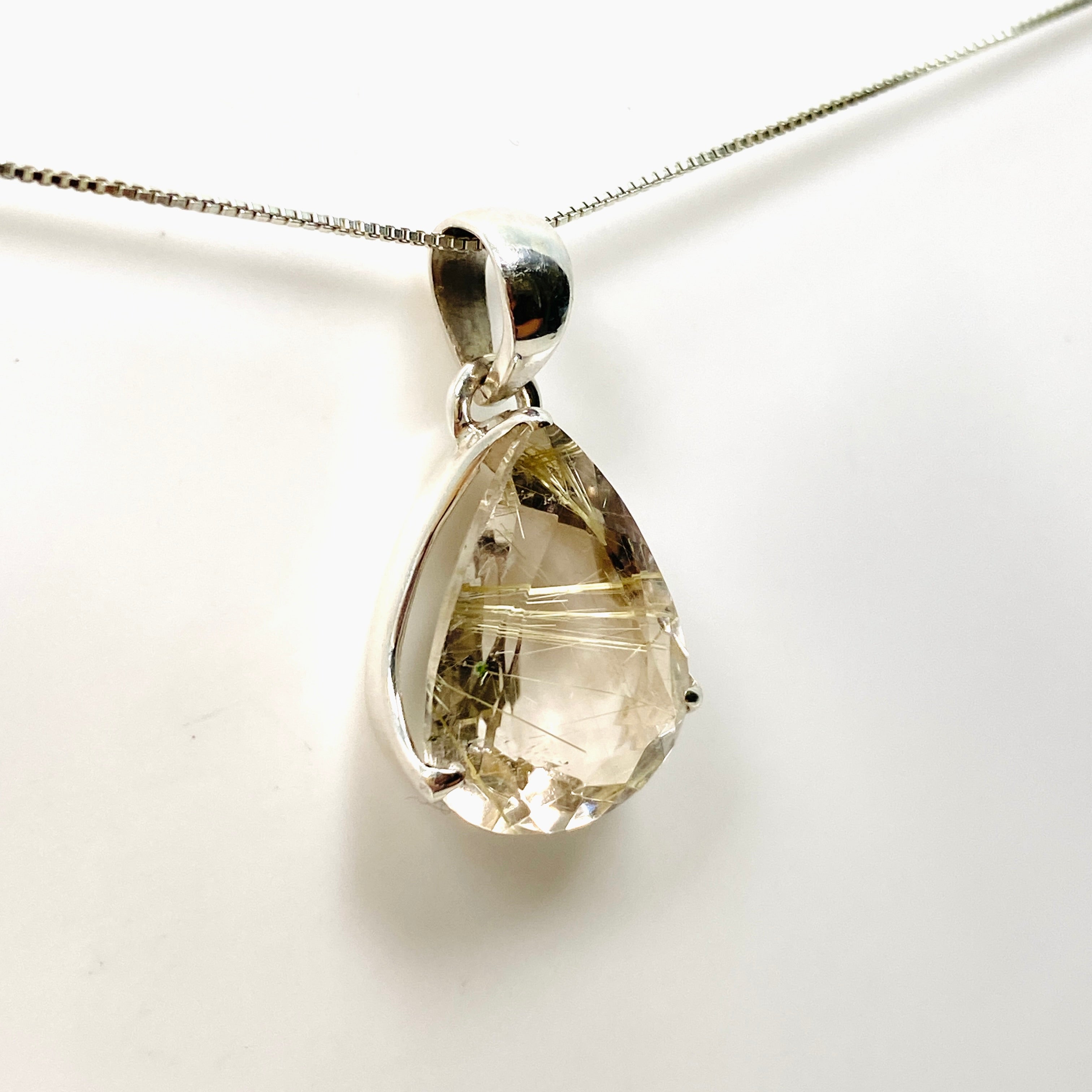 Rutilated Quartz Teardrop Faceted Pendant Necklace PPGJ841 - Elegant Crystal Jewelry for Women, Perfect for Gifts & Special Occasions