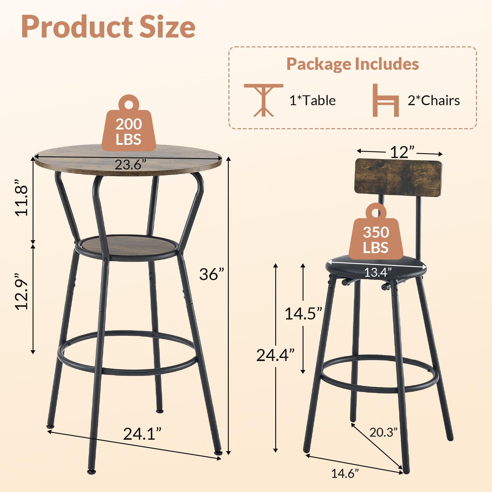 3-Piece Round Bar Table and Chair Set - Small Dining Table for 2 with 2 Upholstered Stools, Modern Kitchen Breakfast Nook Set in Rustic Brown - Perfect for Small Spaces, Apartments, Kitchen Nooks & Bistro Dining
