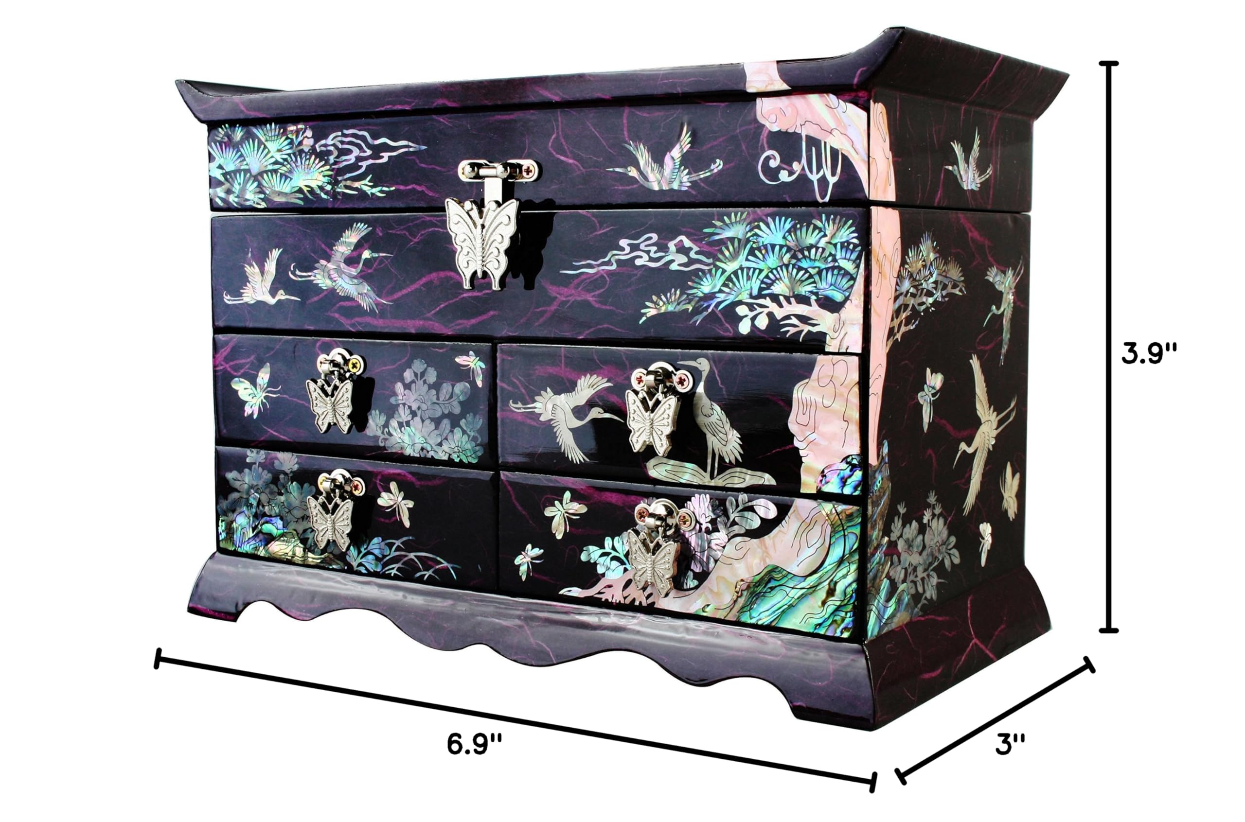 Handcrafted Asian Lacquer Jewelry Box - Mother of Pearl Crane & Pine Tree Design, Purple Mulberry Paper Wooden Organizer | Perfect for Jewelry Storage, Gift Giving & Home Decor