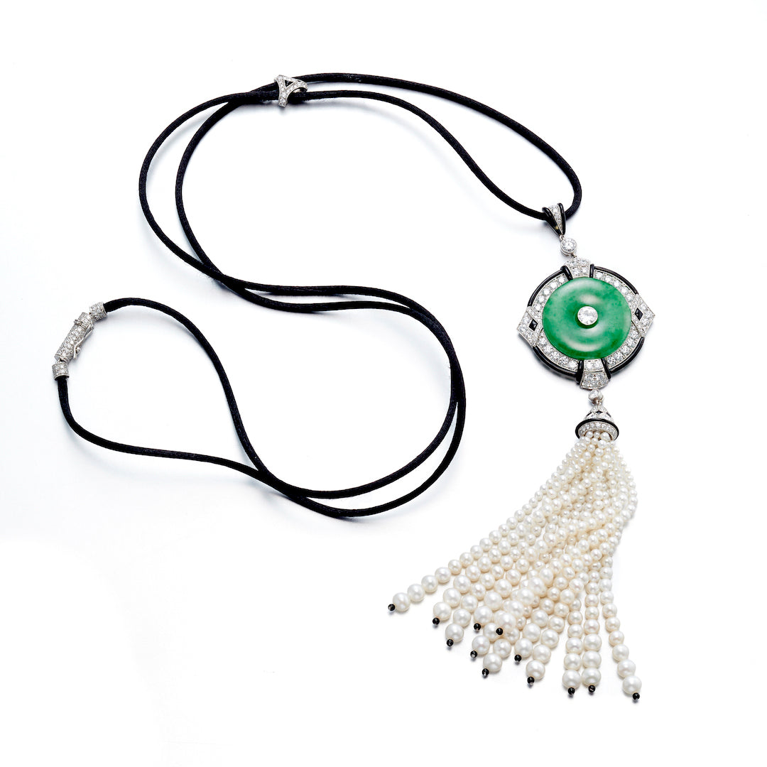 Exquisite Jade, Diamond & Pearl Tassel Necklace - Elegant Statement Jewelry for Weddings, Parties & Special Occasions