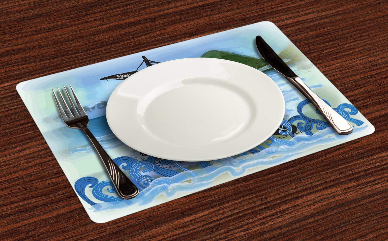 Ambesonne Nordic Place Mats Set of 4 - Viking Ship & Warrior Design with Sea Waves Artwork, Washable Fabric Dining Table Mats, Standard Size (Blue, Black, Green) - Perfect for Home Decor, Dinner Parties & Scandinavian-Themed Events